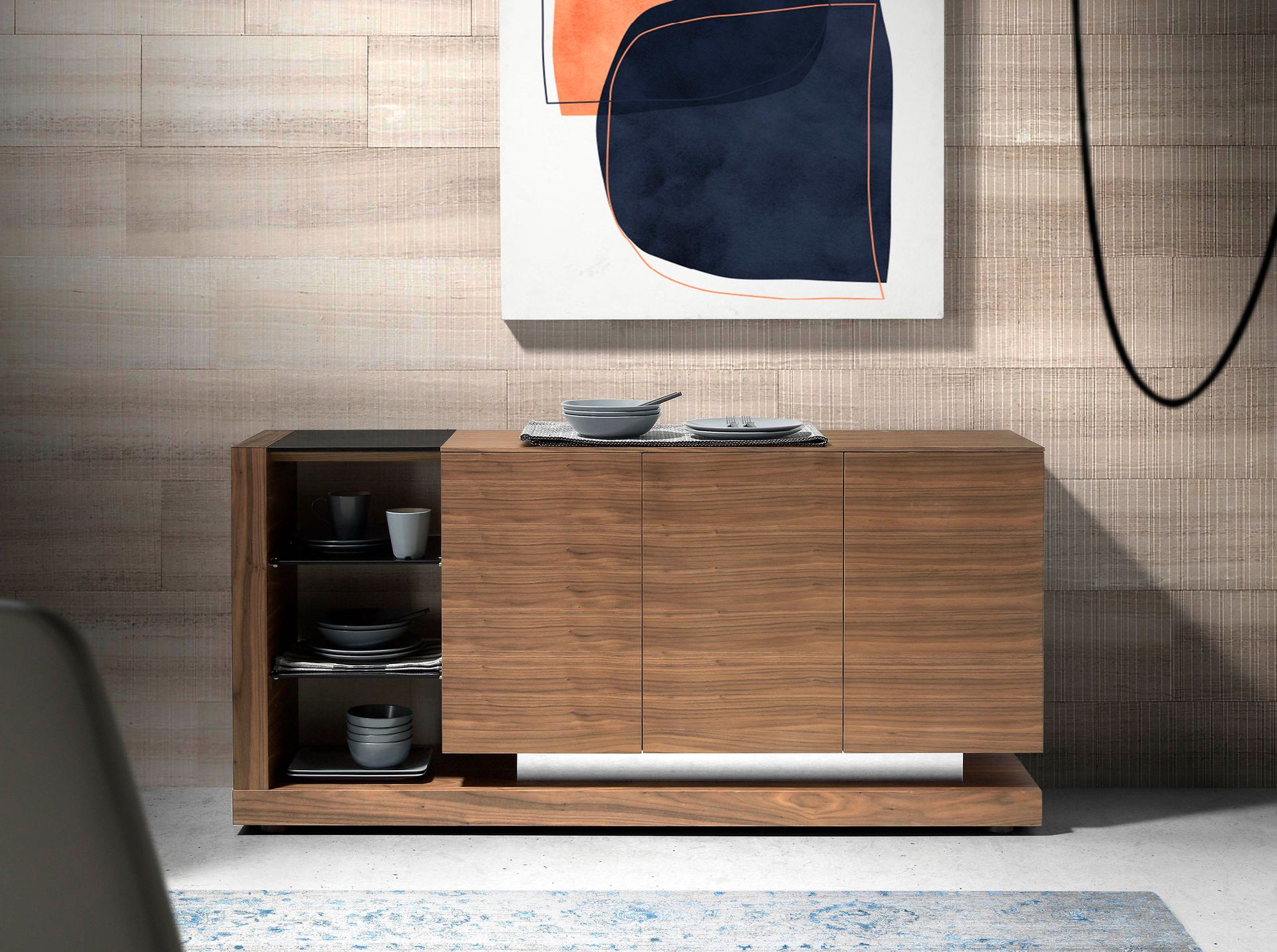 Sideboard walnut, brushed steel and black glass top 3140