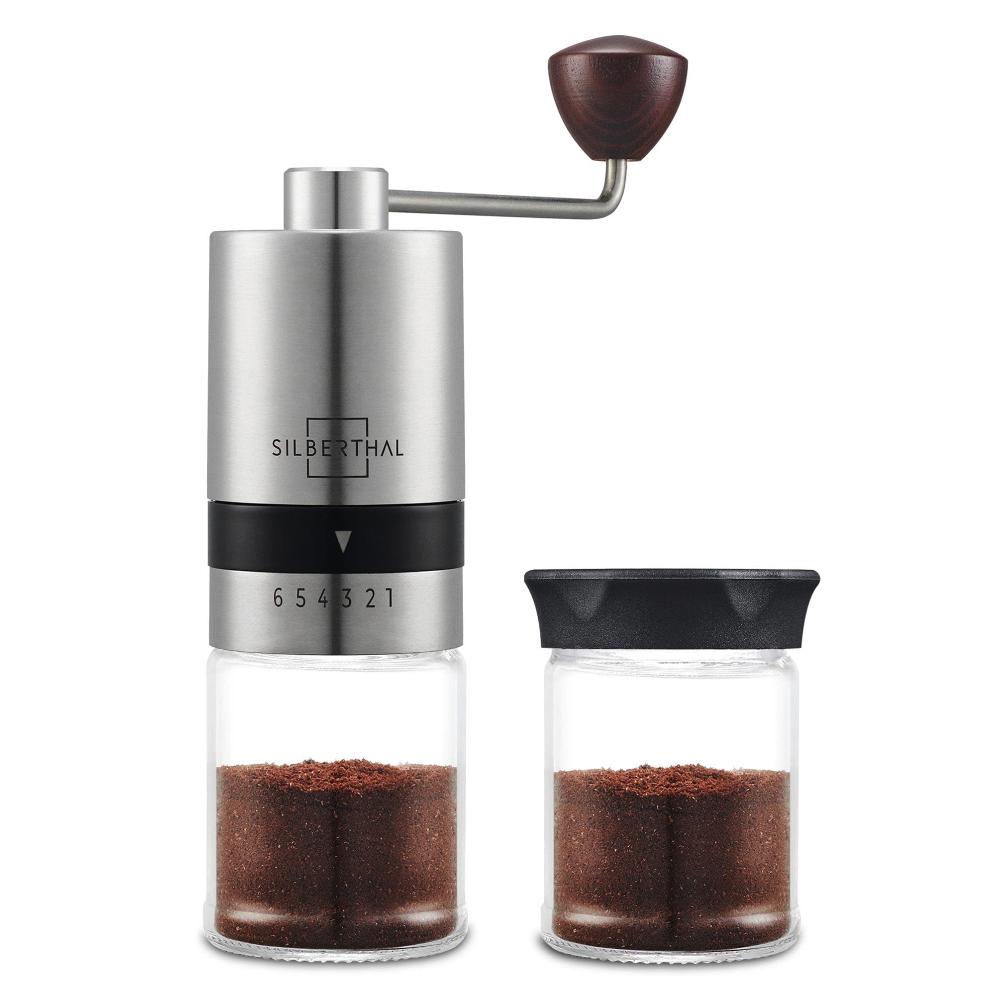 Kaffeemühle Manuell Kegelmahlwerk Edelstahl Glas Silber