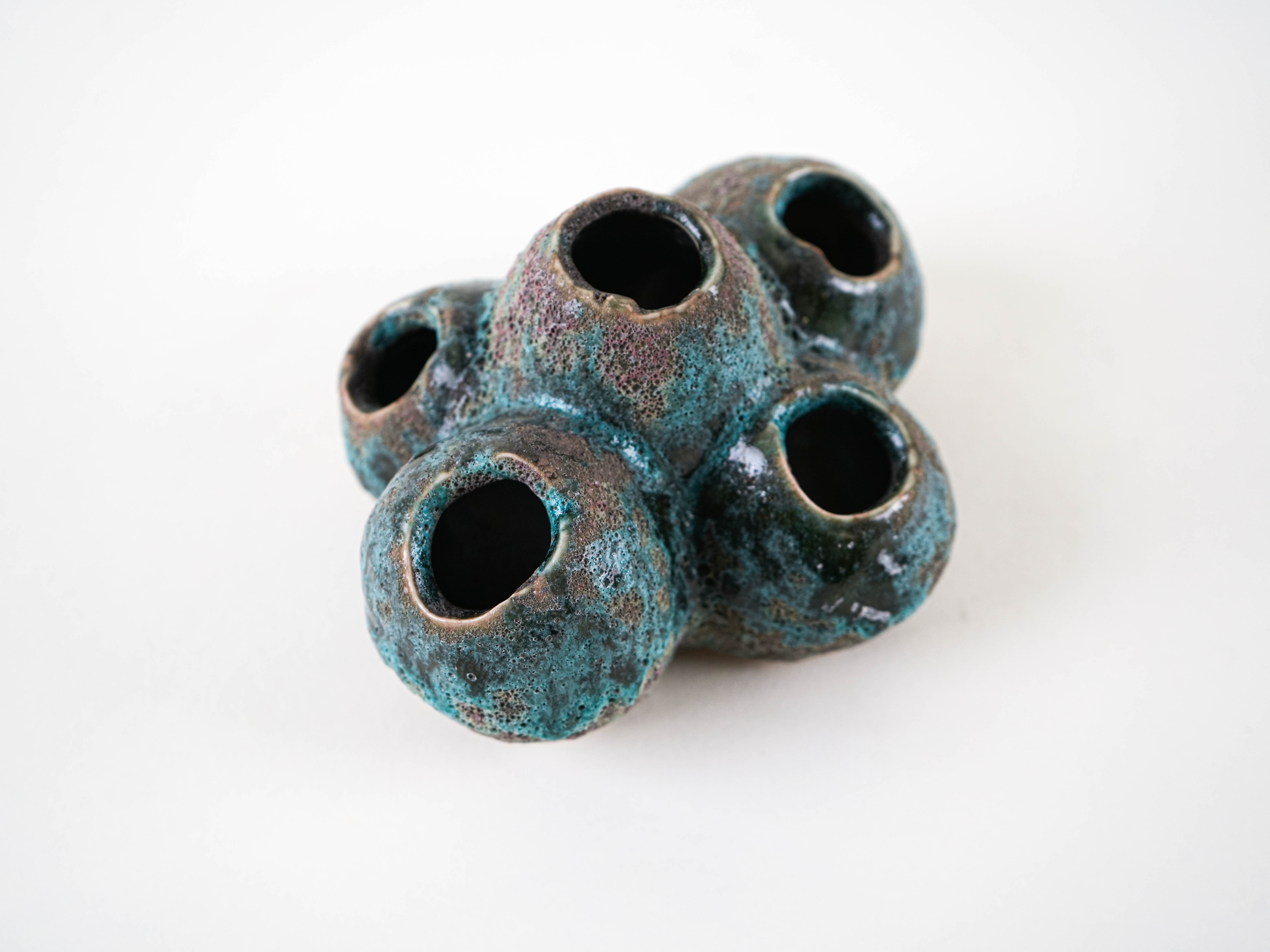 Flower Frog Vase Ceramic Turquoise 1960s