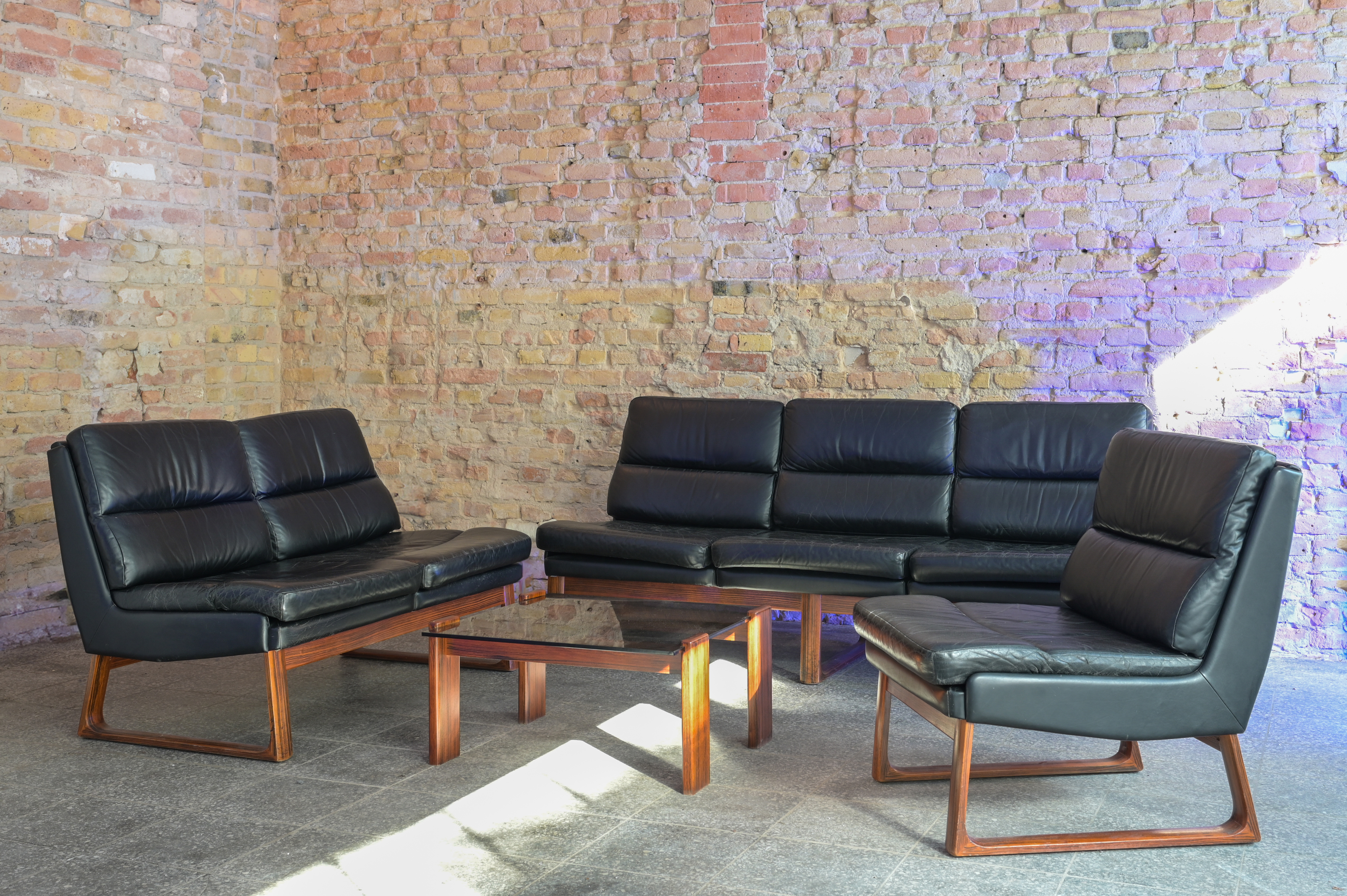 Sofagarnitur Leder Holz 3 teilig