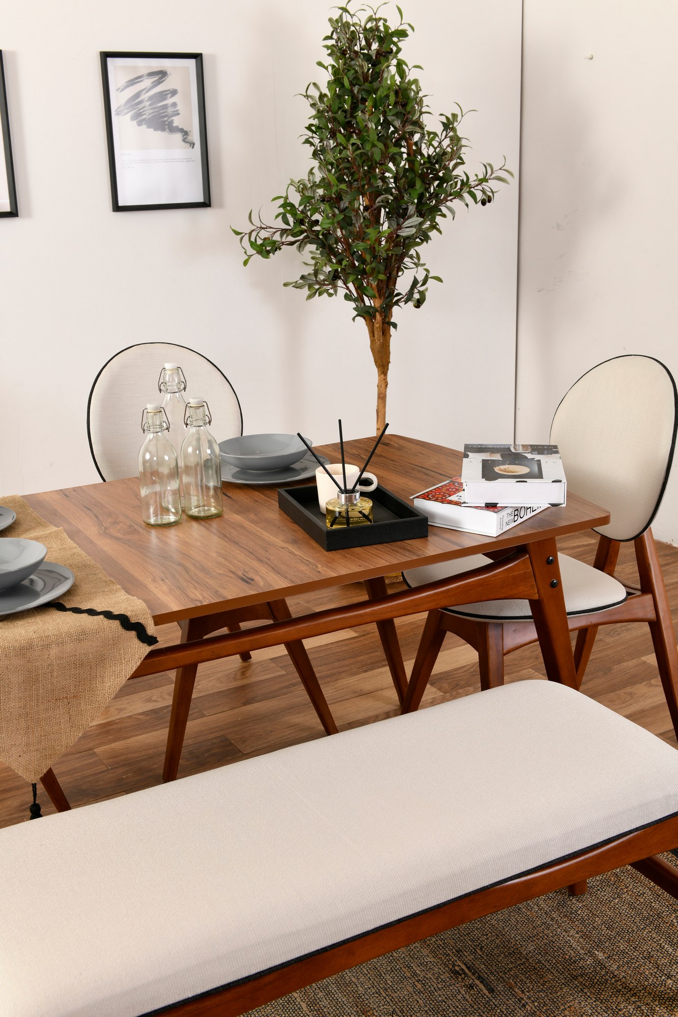 Touch Esstisch-Set 6-tlg. Nubuk-Leder Creme