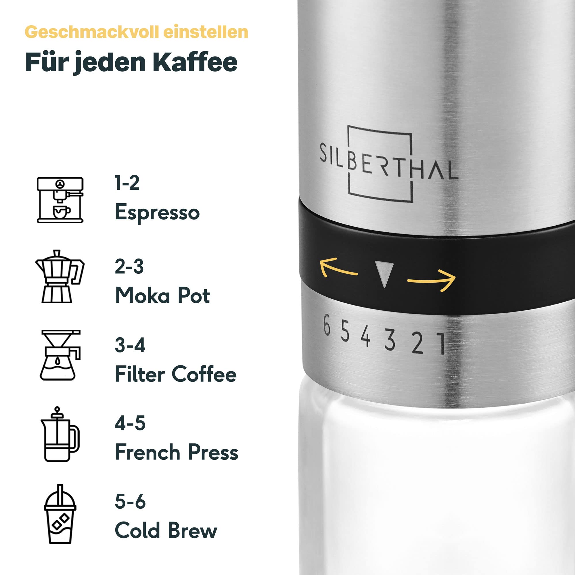 Kaffeemühle Manuell Kegelmahlwerk Edelstahl Glas Silber