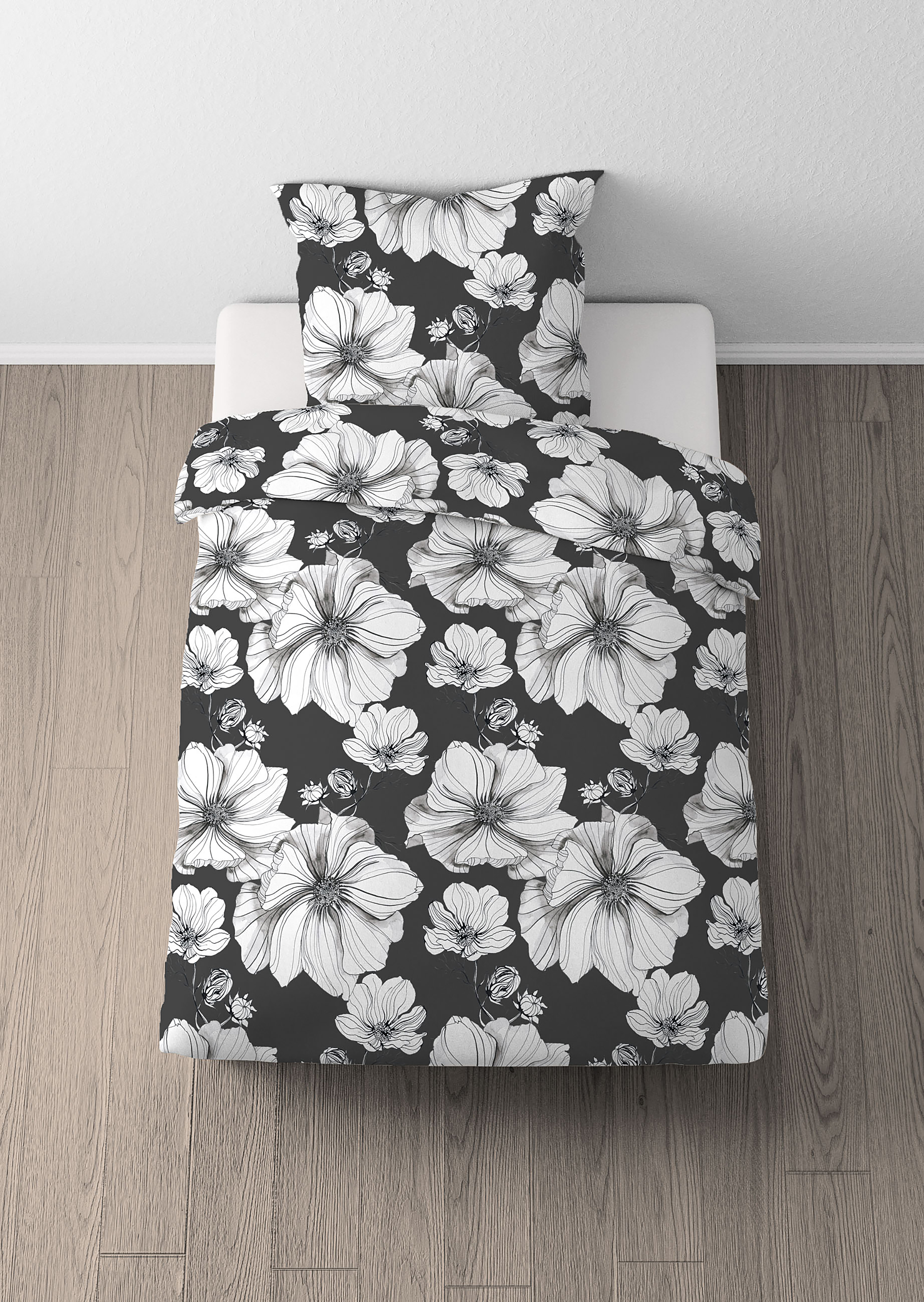Floral Bedding Cotton Black 135x200cm Pillowcase 80x80cm