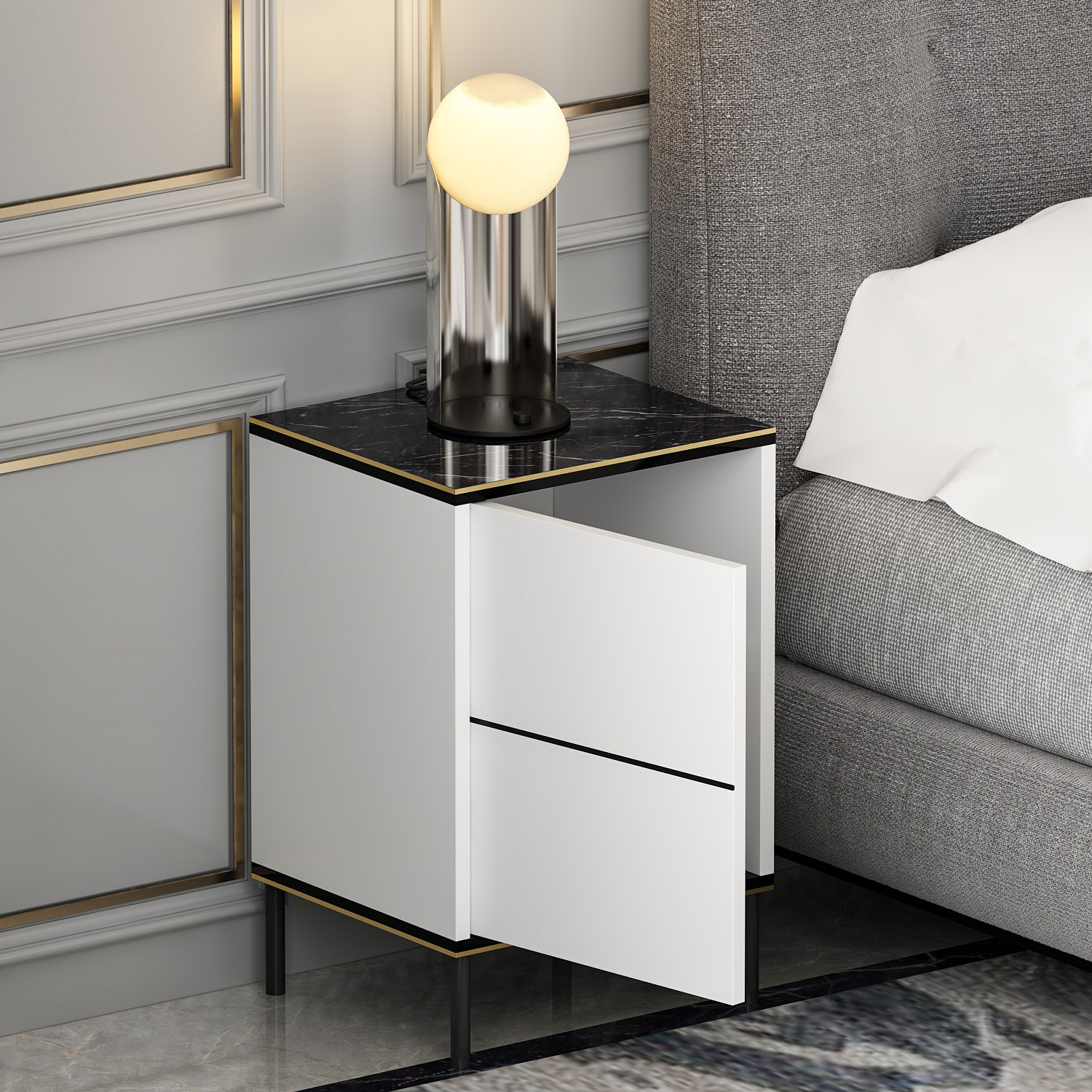 Imaj Nightstand Wood Veneer White Black Gold