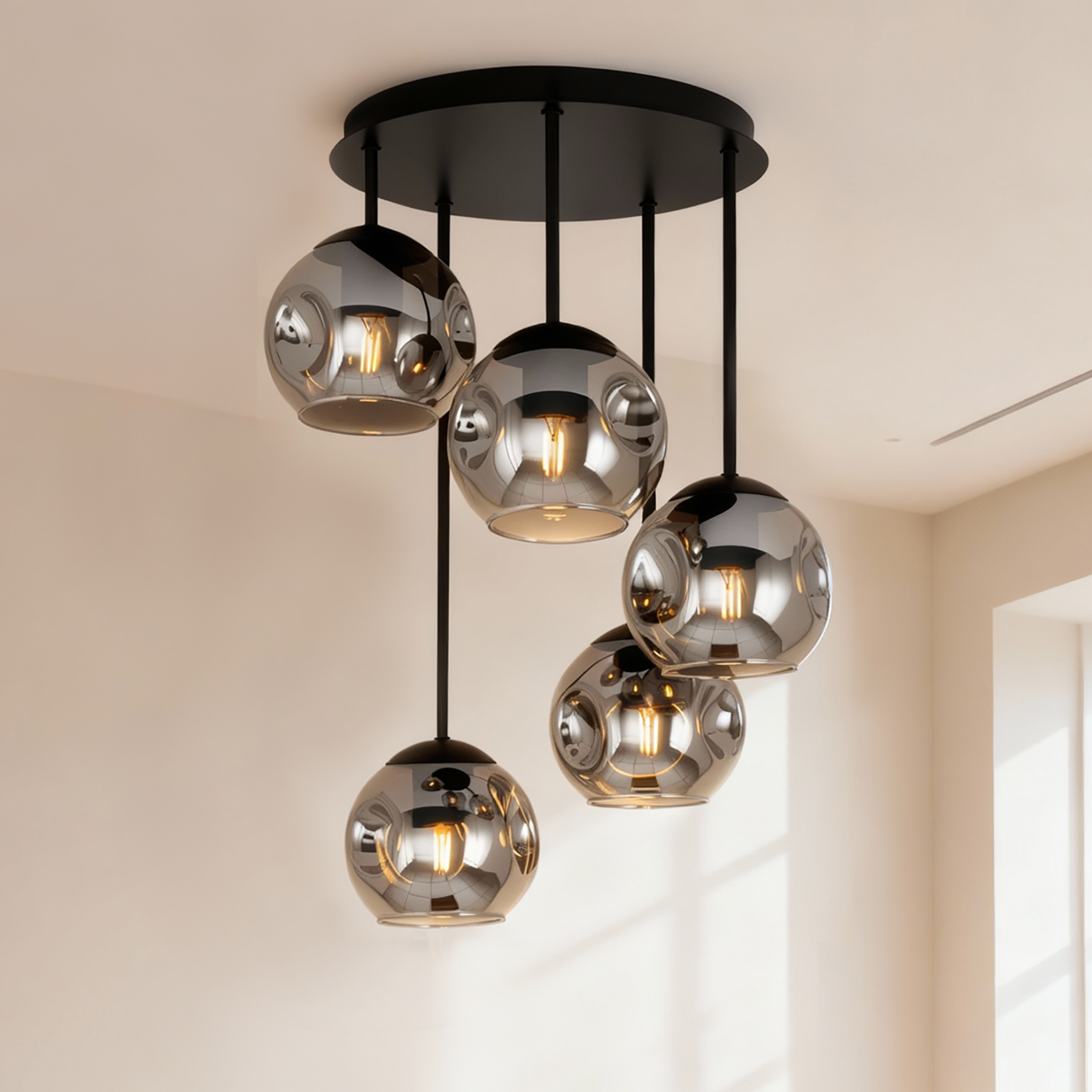 5-Flammig Ardeno Deckenleuchte Gusseisen Rauchglas Schwarz