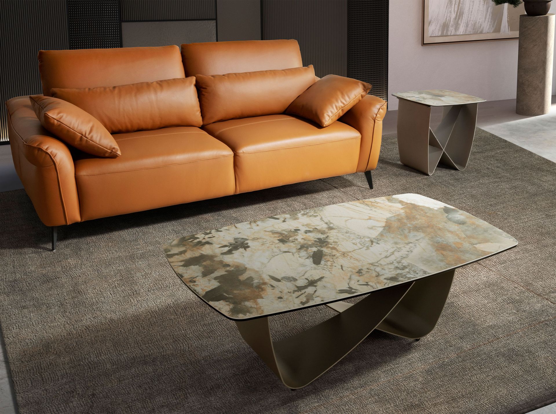 Oval coffee table marble steel