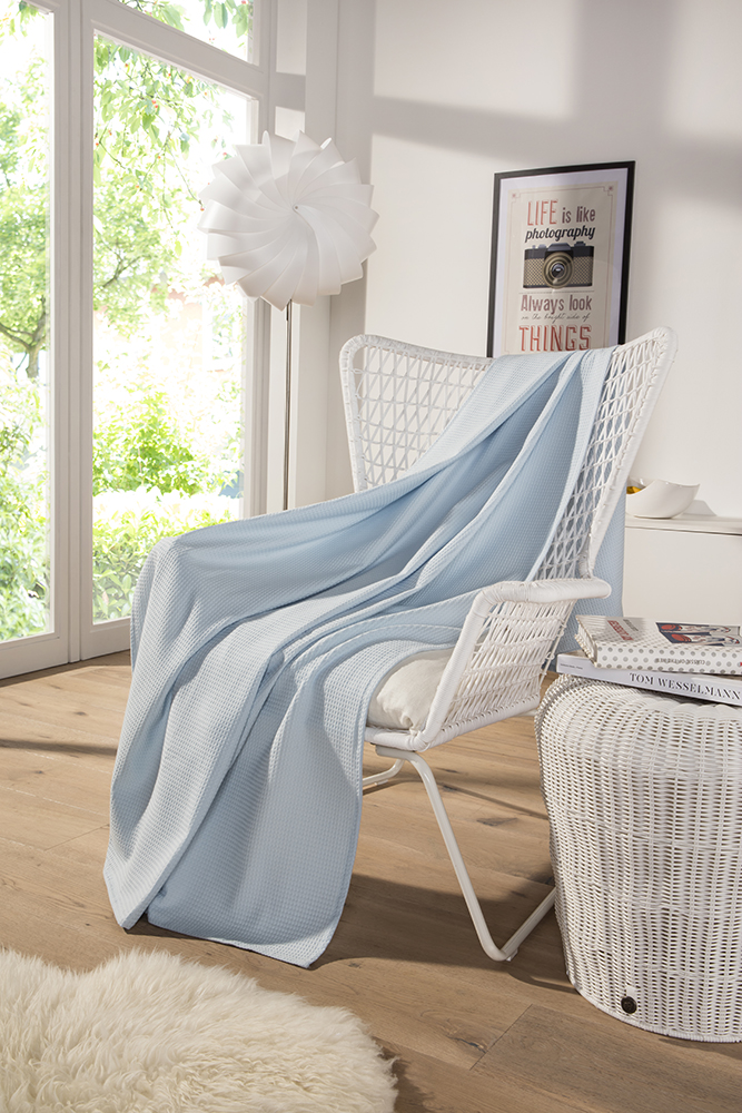 Leichte Decke aus Waffelpiqué 100% Baumwolle Hellblau Single