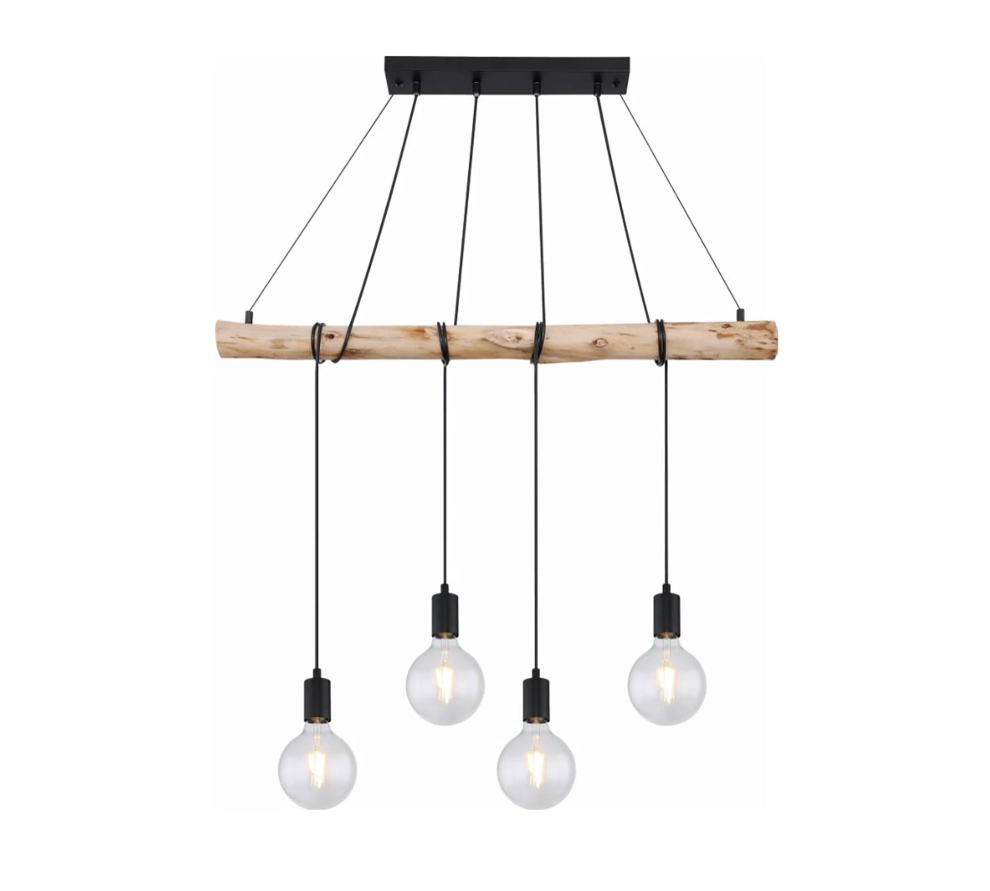 4-Flammige Pendelleuchte Eucalyptus Massivholz Eisen Schwarz