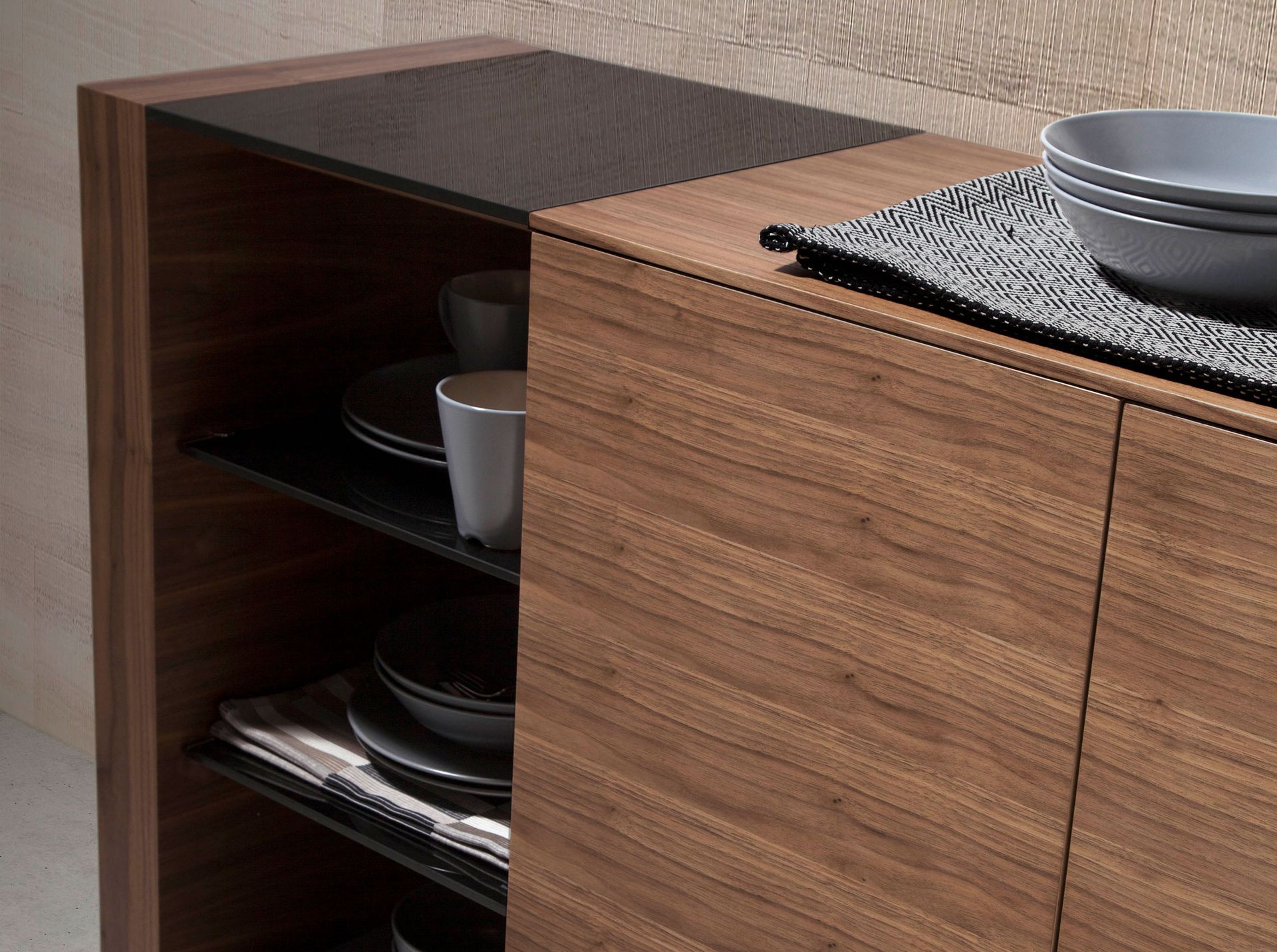 Sideboard walnut, brushed steel and black glass top 3140