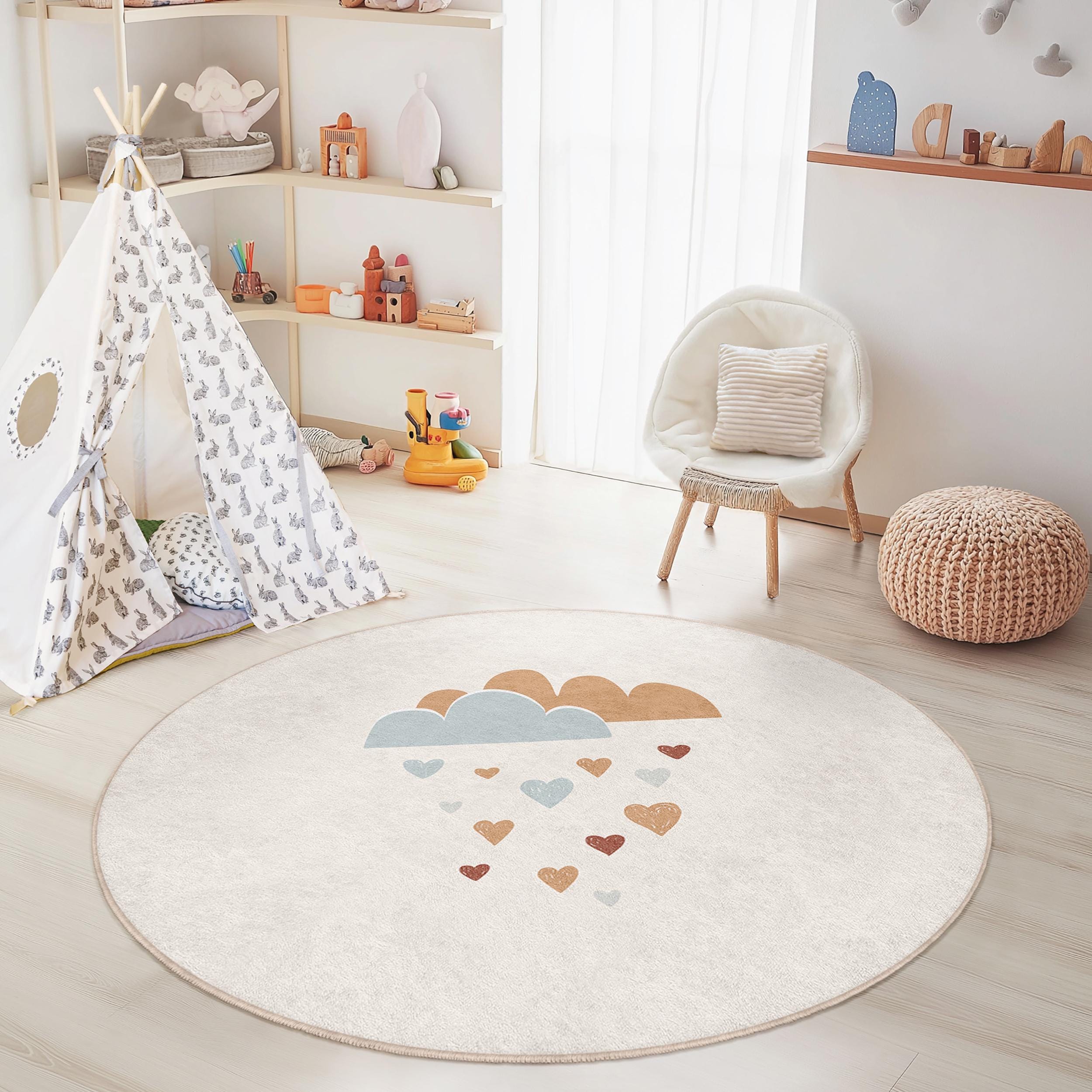 Wolken-und Herz-Muster Kinderteppich Mehrfarbig ⌀180cm