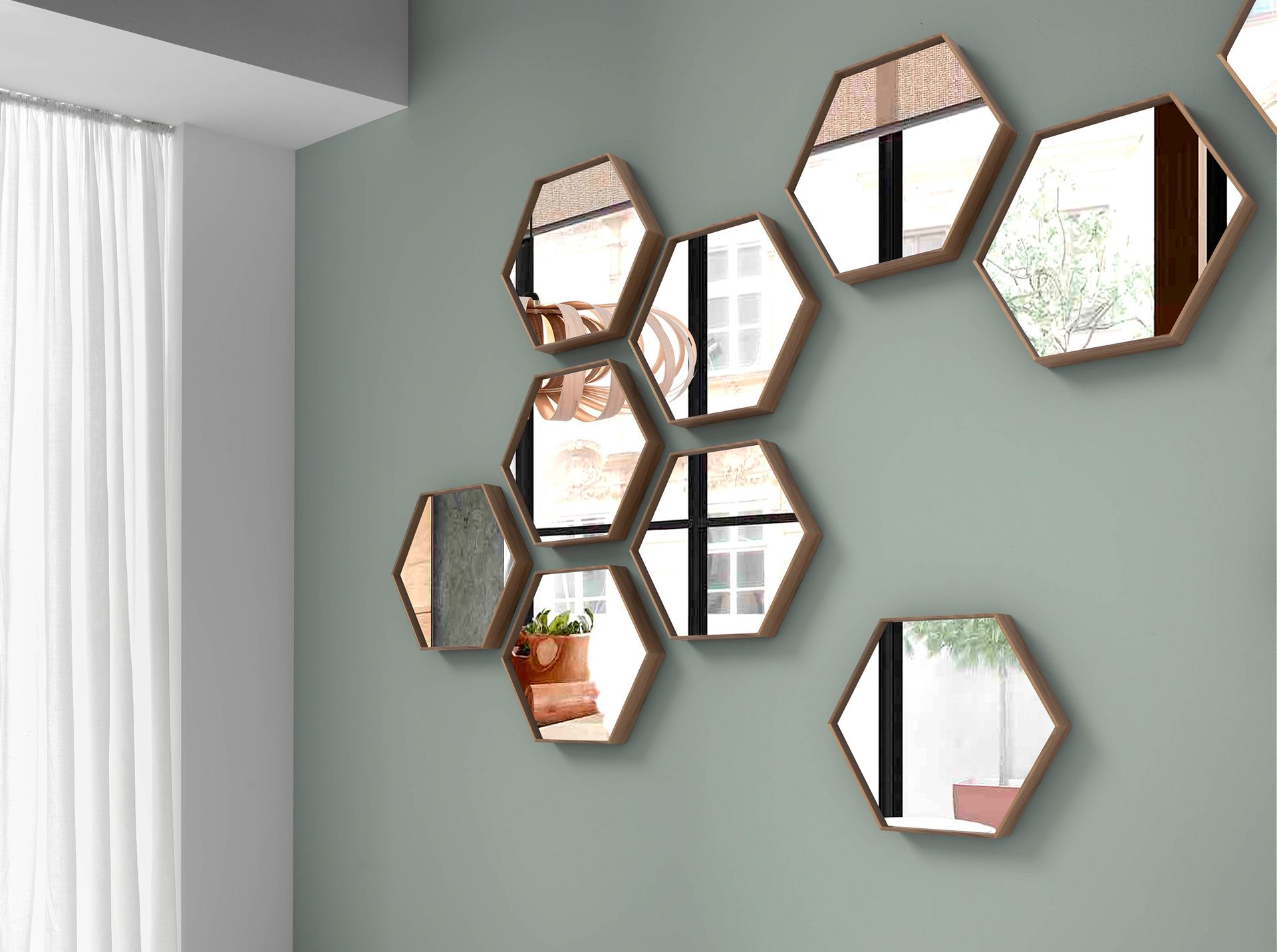 Hexagonal Wall Mirror Walnut