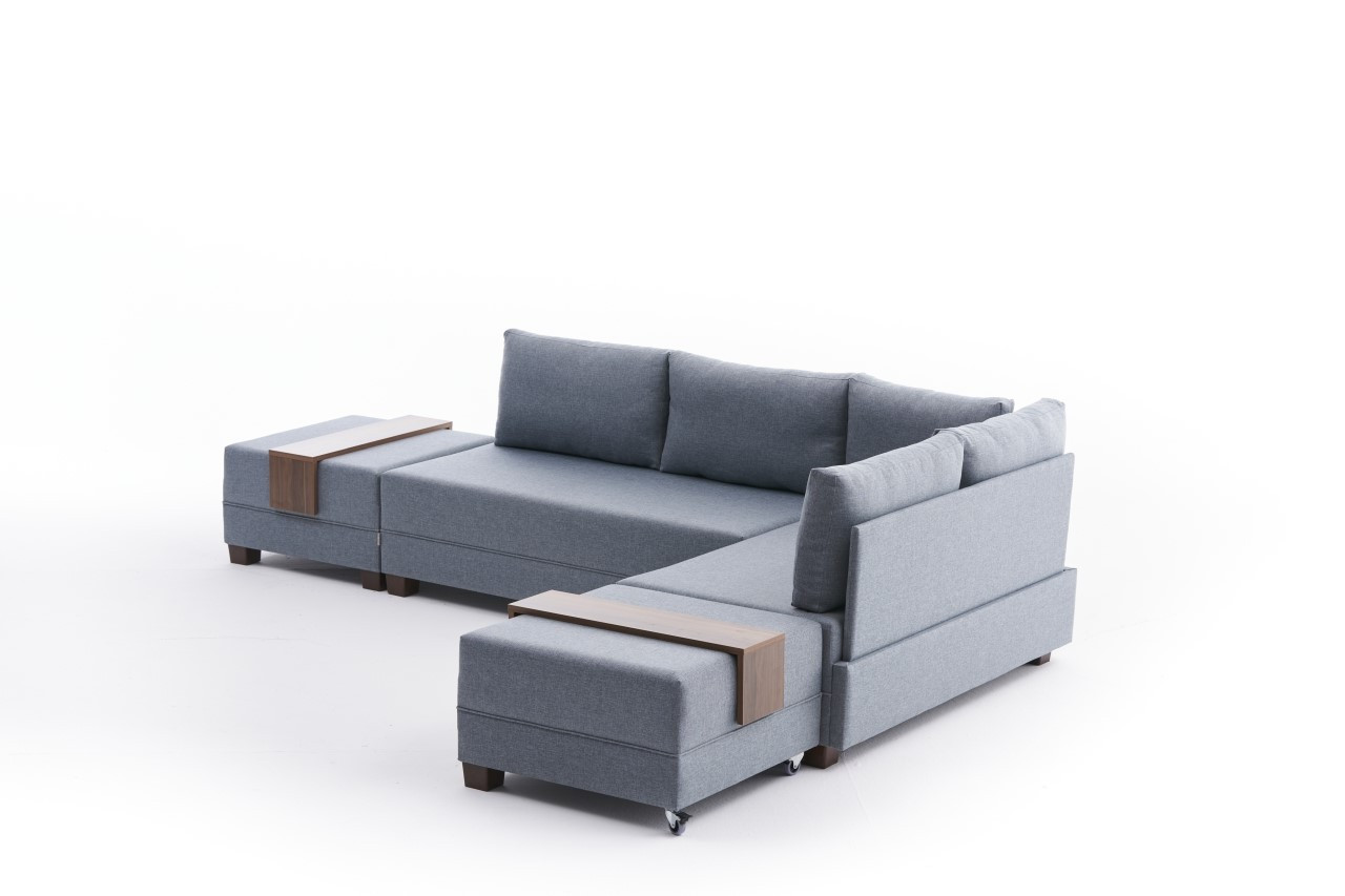 Fly Ecksofa Rechts mit 2 Hockern Blau