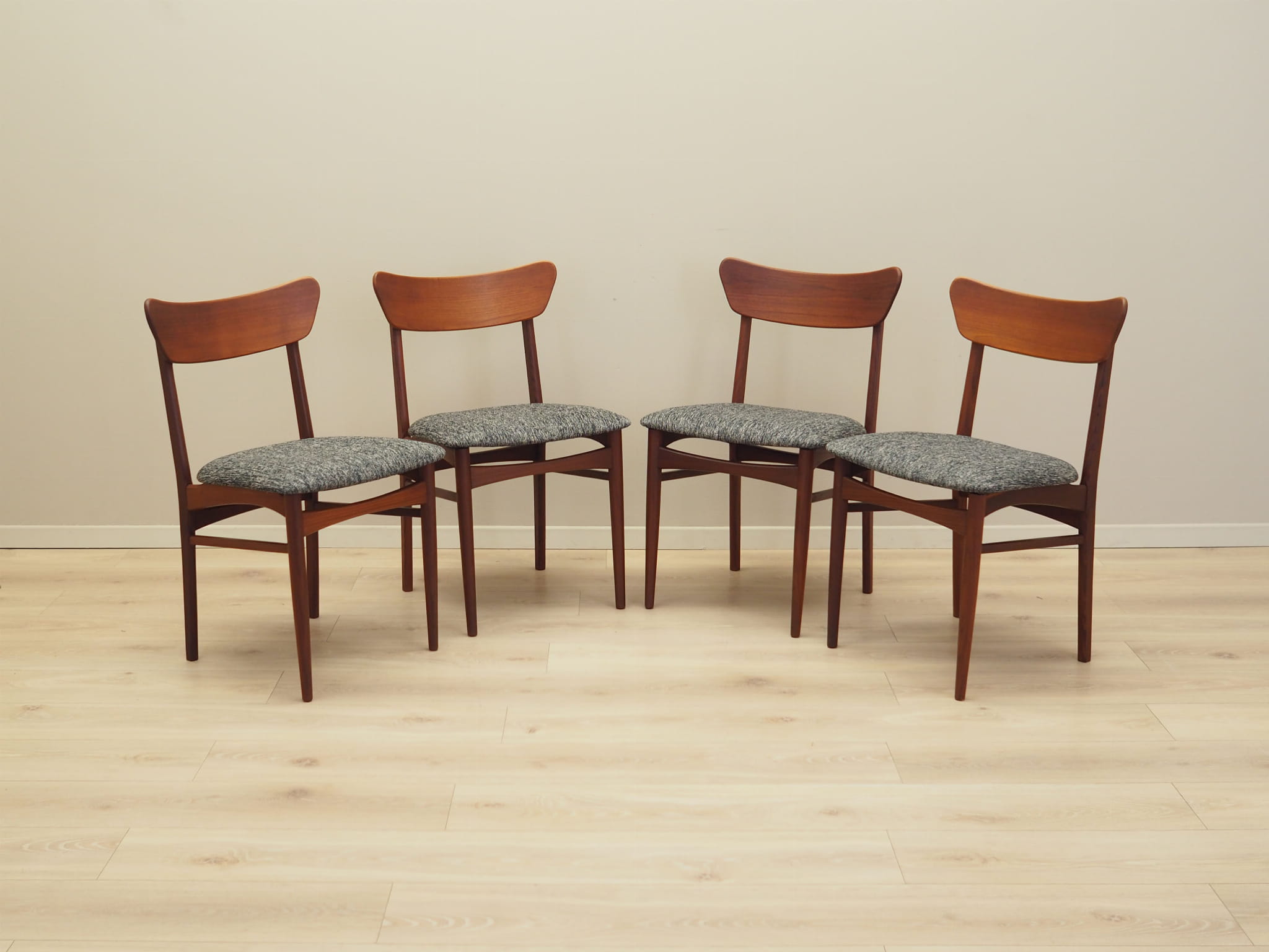 4x Vintage Dining Chair Teak Wood Textile Brown 1970s