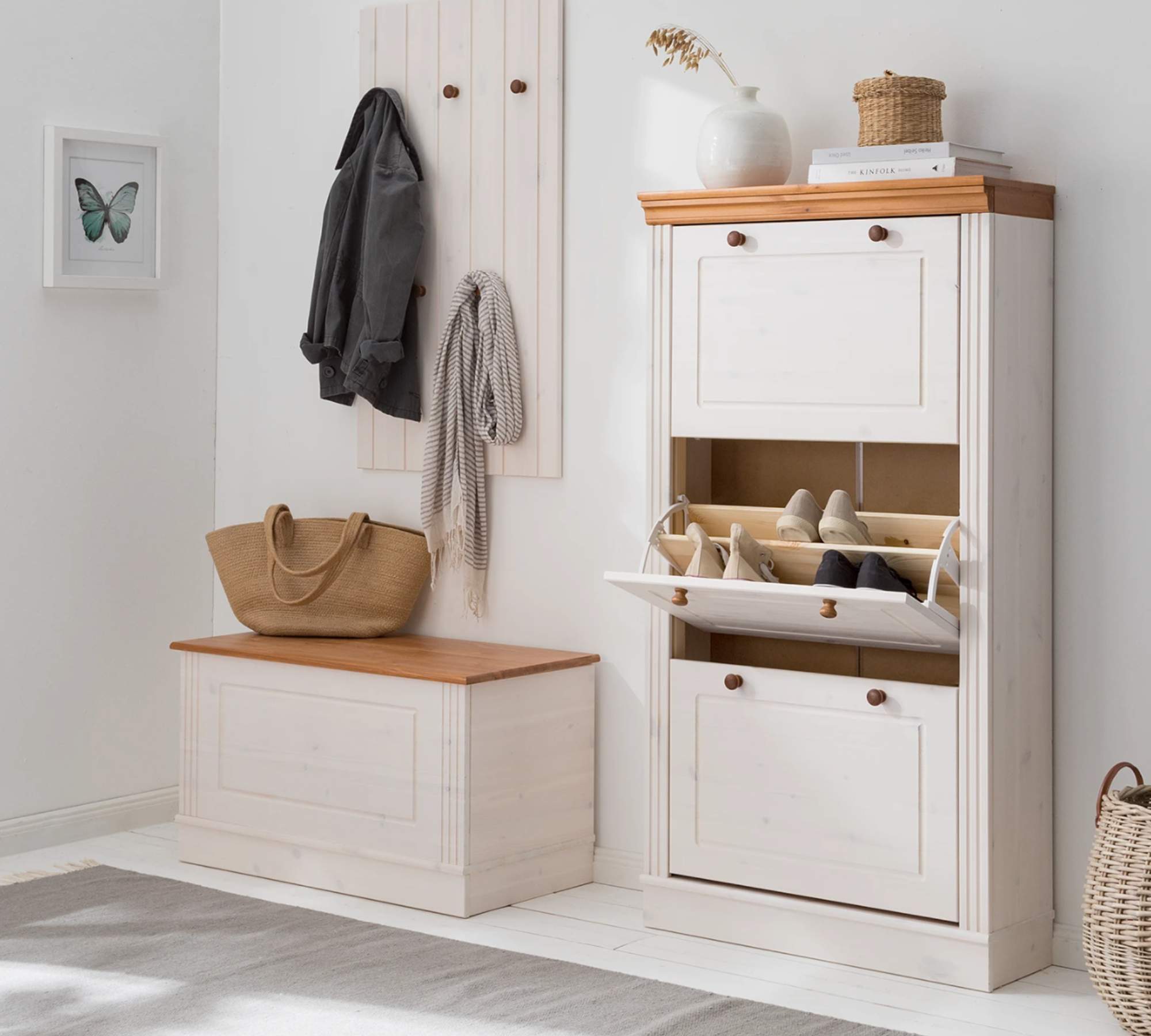 Schuhschrank Kiefernholz Weiß Honig