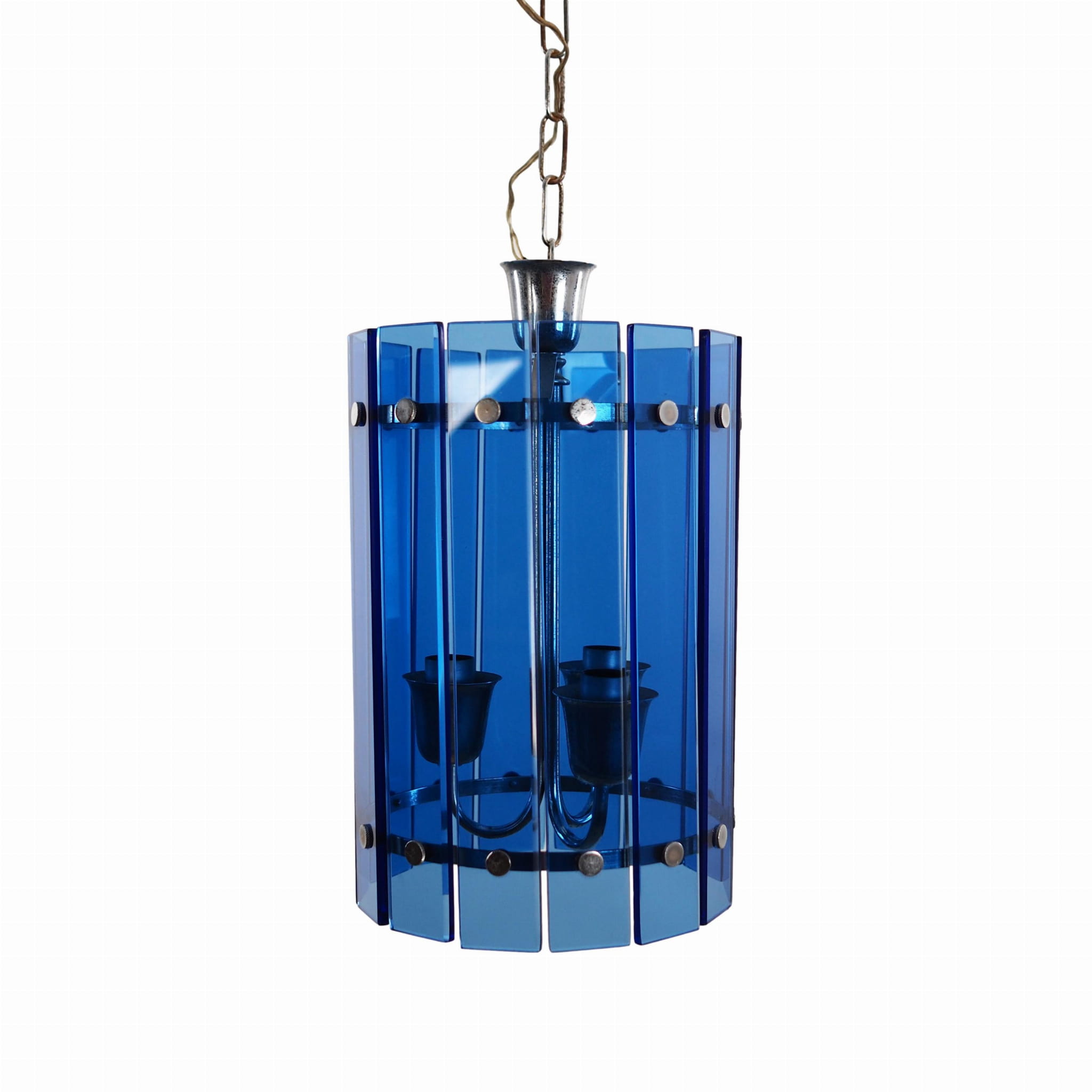 Lampada a sospensione in vetro blu anni '70