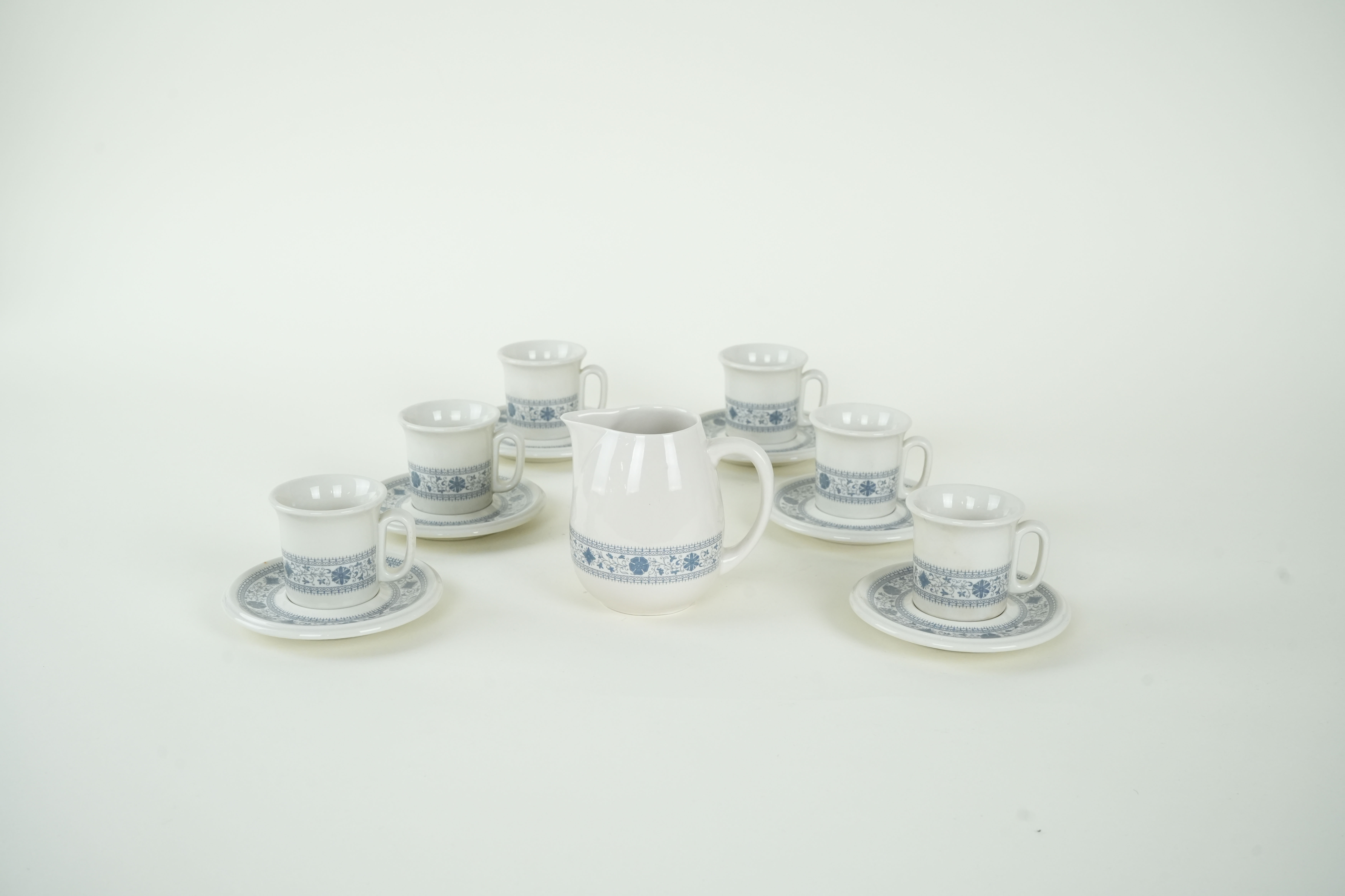 Vintage Tea Set of 13 Porcelain Ivory Blue 1970s
