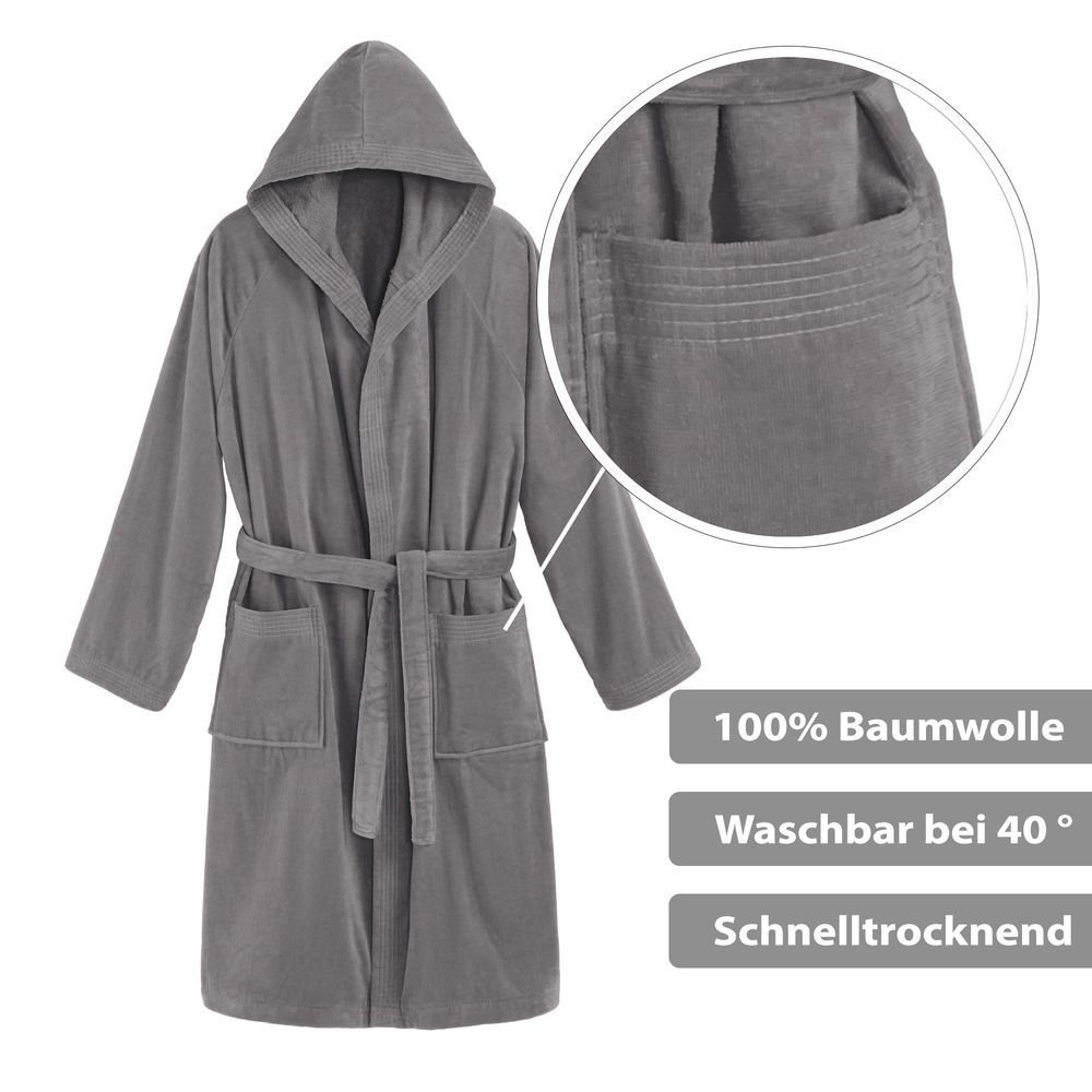 Unisex Bademantel Baumwolle mit Kapuze Grau Medium