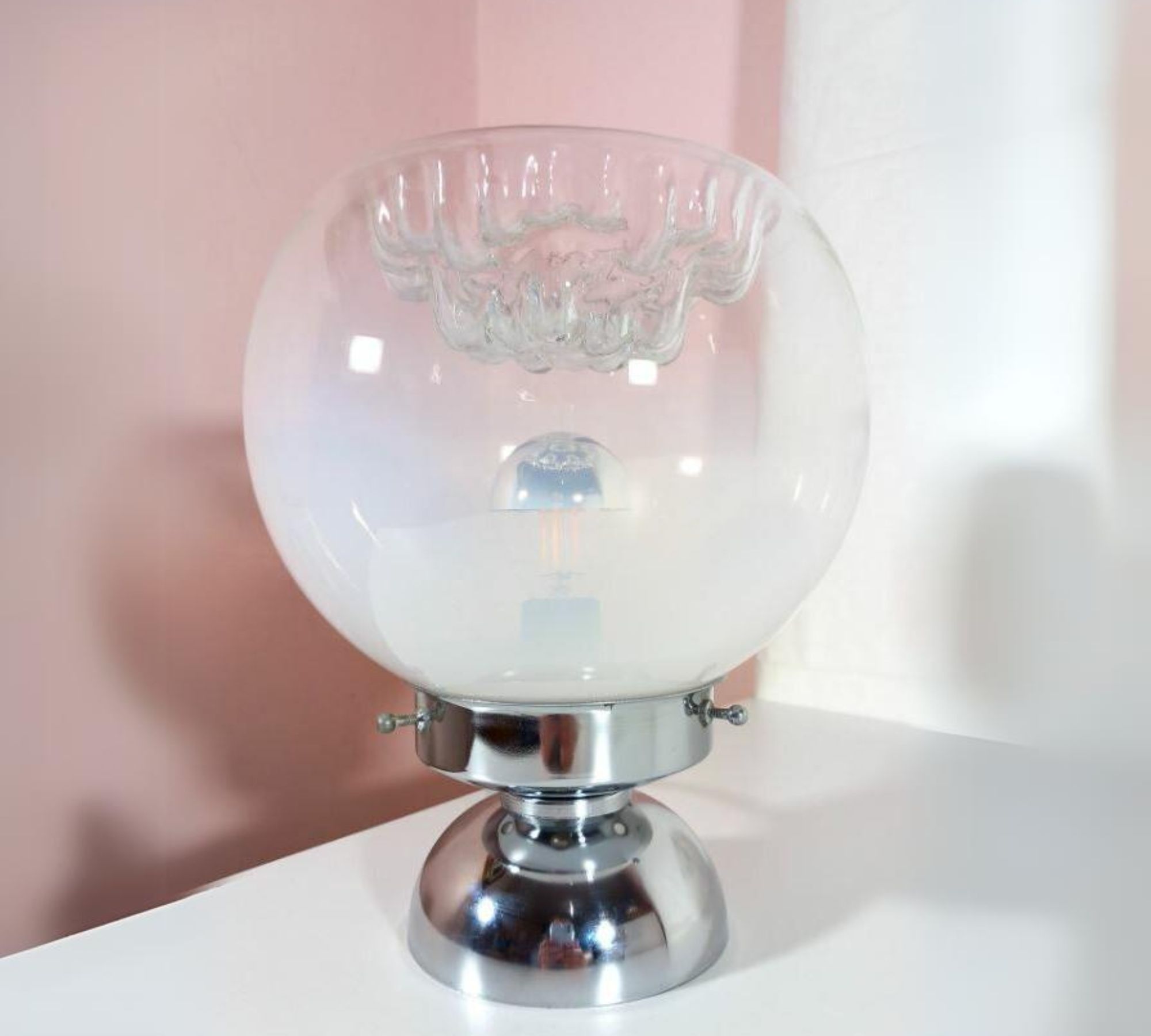Vintage Tischleuchte Glas Chrom Weiß