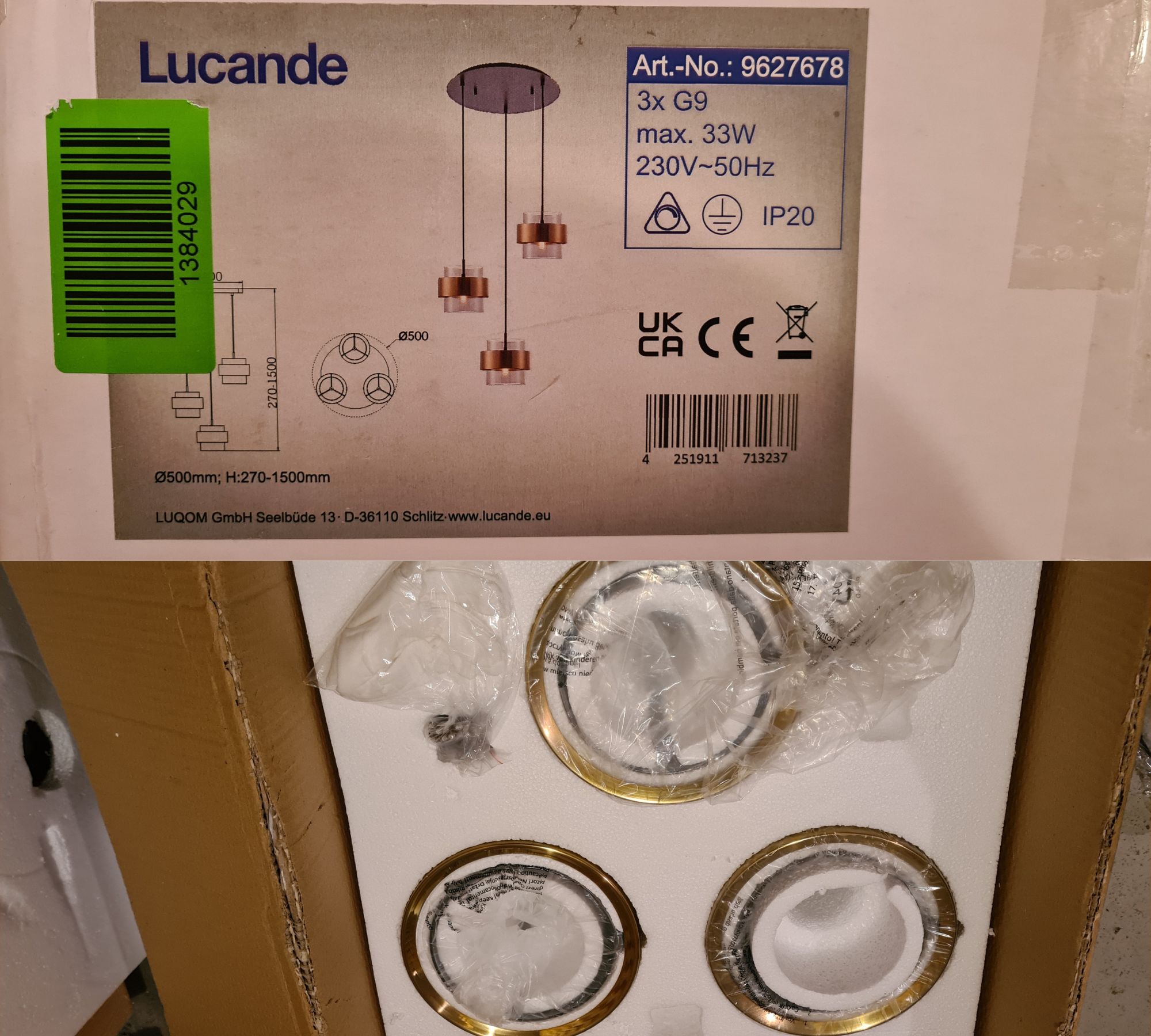 Ikibara Pendelleuchte 3-flammig Glas Metall Gold