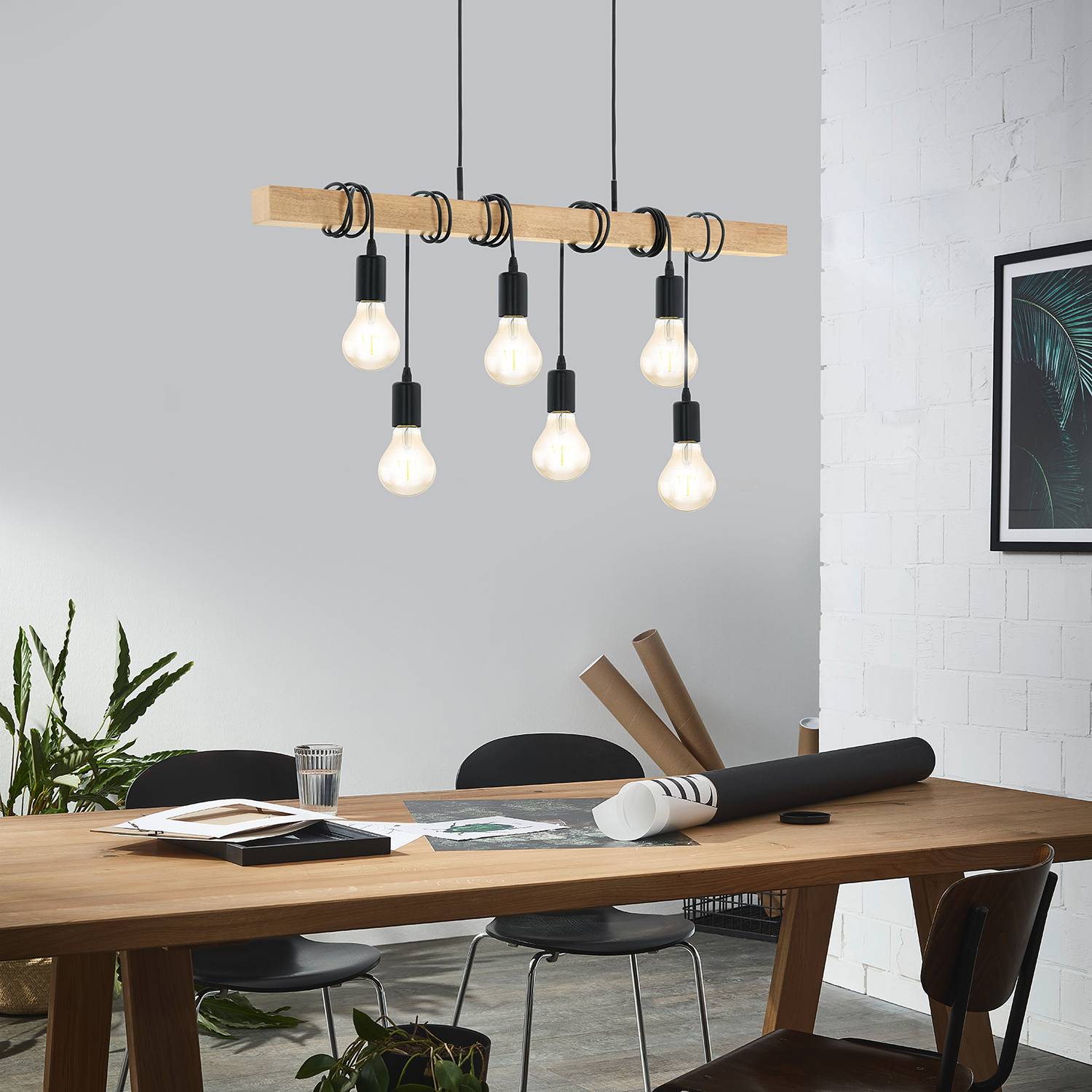 6-Flammig Townshend Pendelleuchte Eiche Massiv