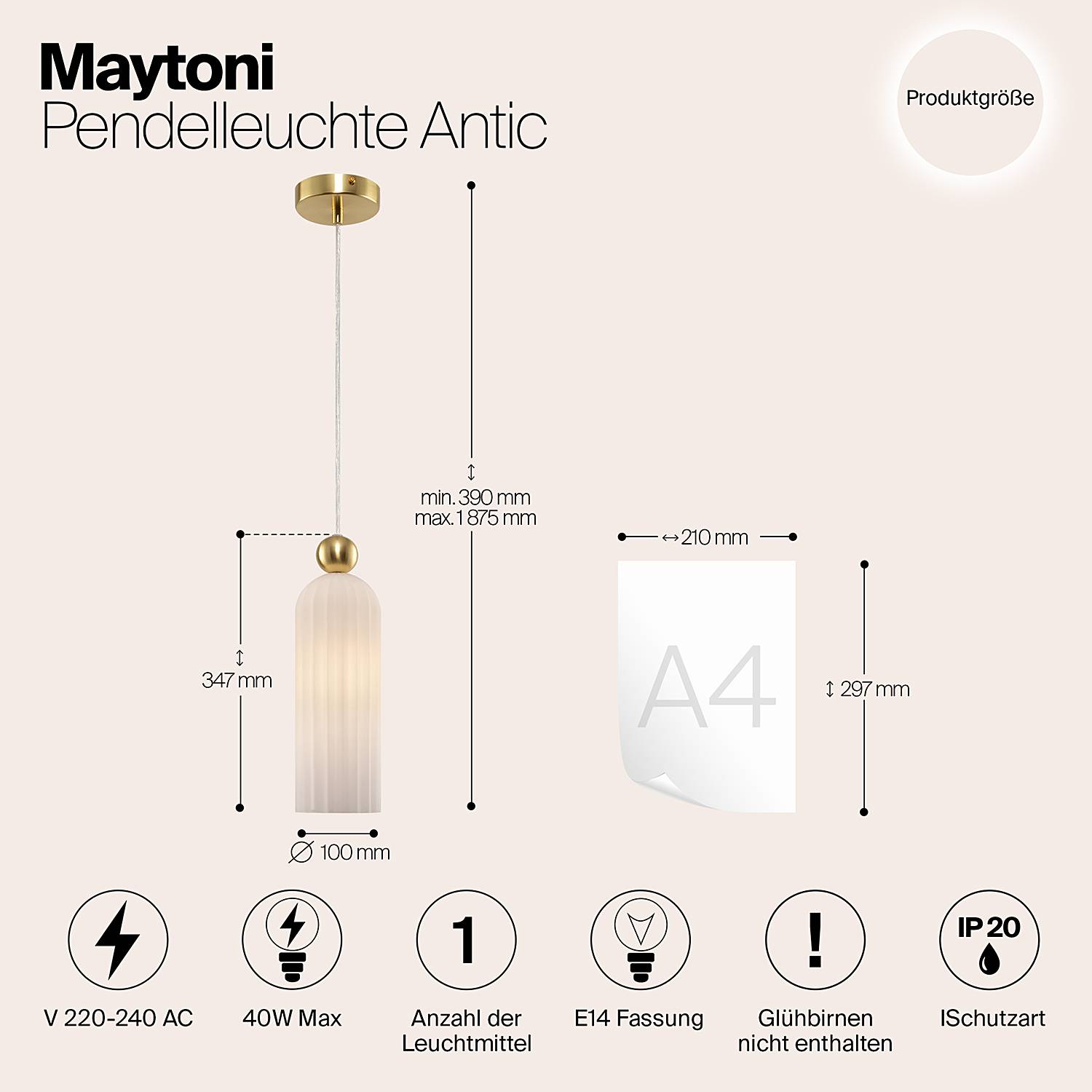 Antic Pendelleuchte Milchglas Metall 1-flammig