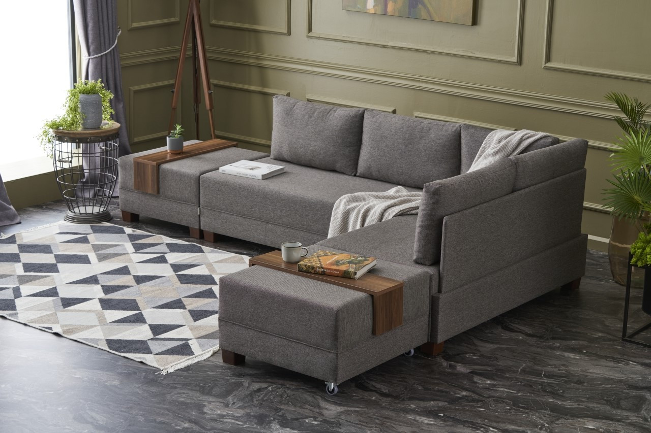 Fly corner sofa right with 2 ottomans brown