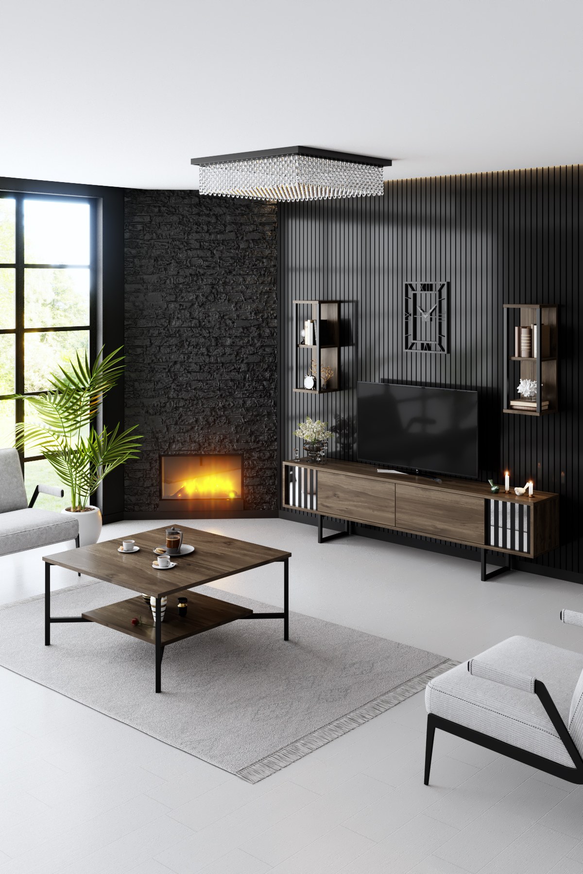 Black Line Couchtisch Holz Walnuss Schwarz