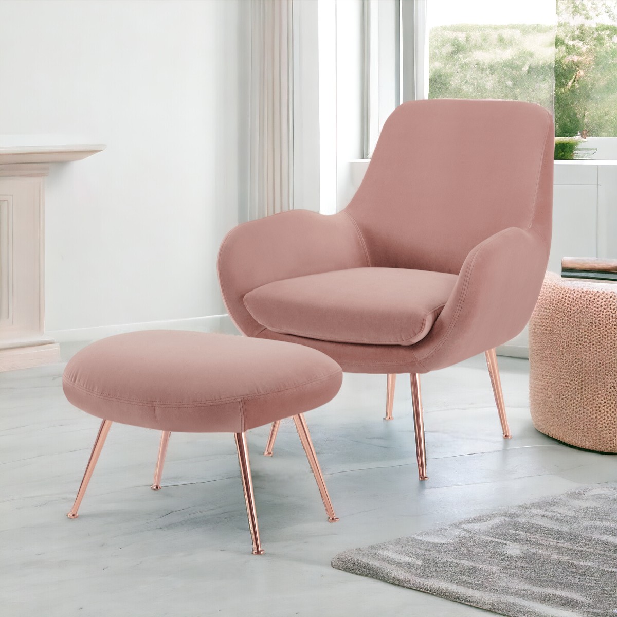 Moby Sessel und Hocker Chrom Samt Rosa