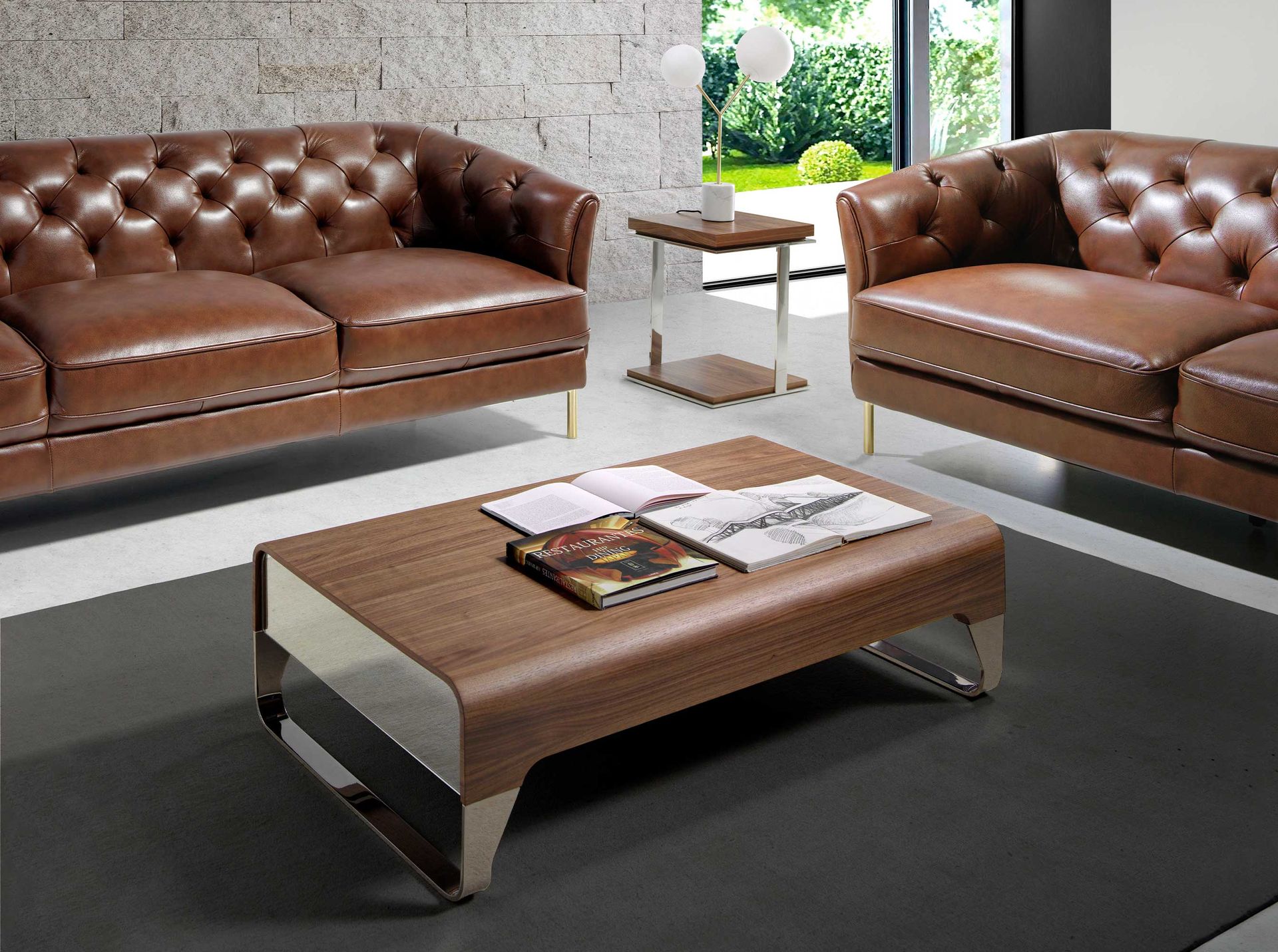 Rechteckiger Couchtisch Holzfurnier Verchromter Stahl
