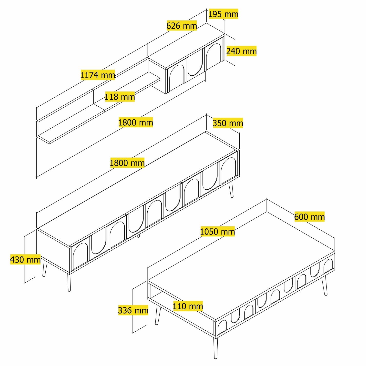 Lyon 3 Set mobili da soggiorno impiallacciatura in legno crema oro