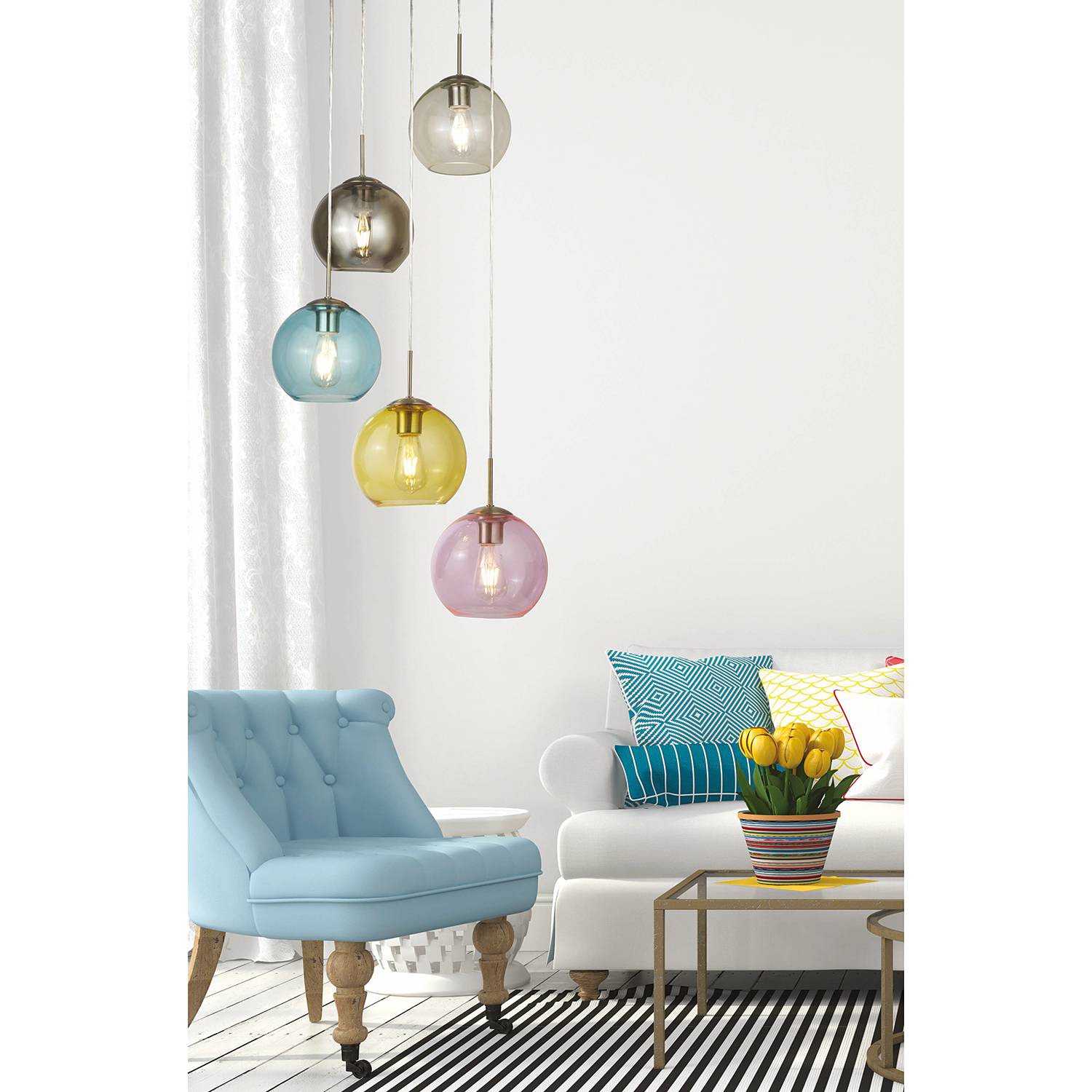 5-flammig Pendelleuchte Mardi Gras Glas Stahl