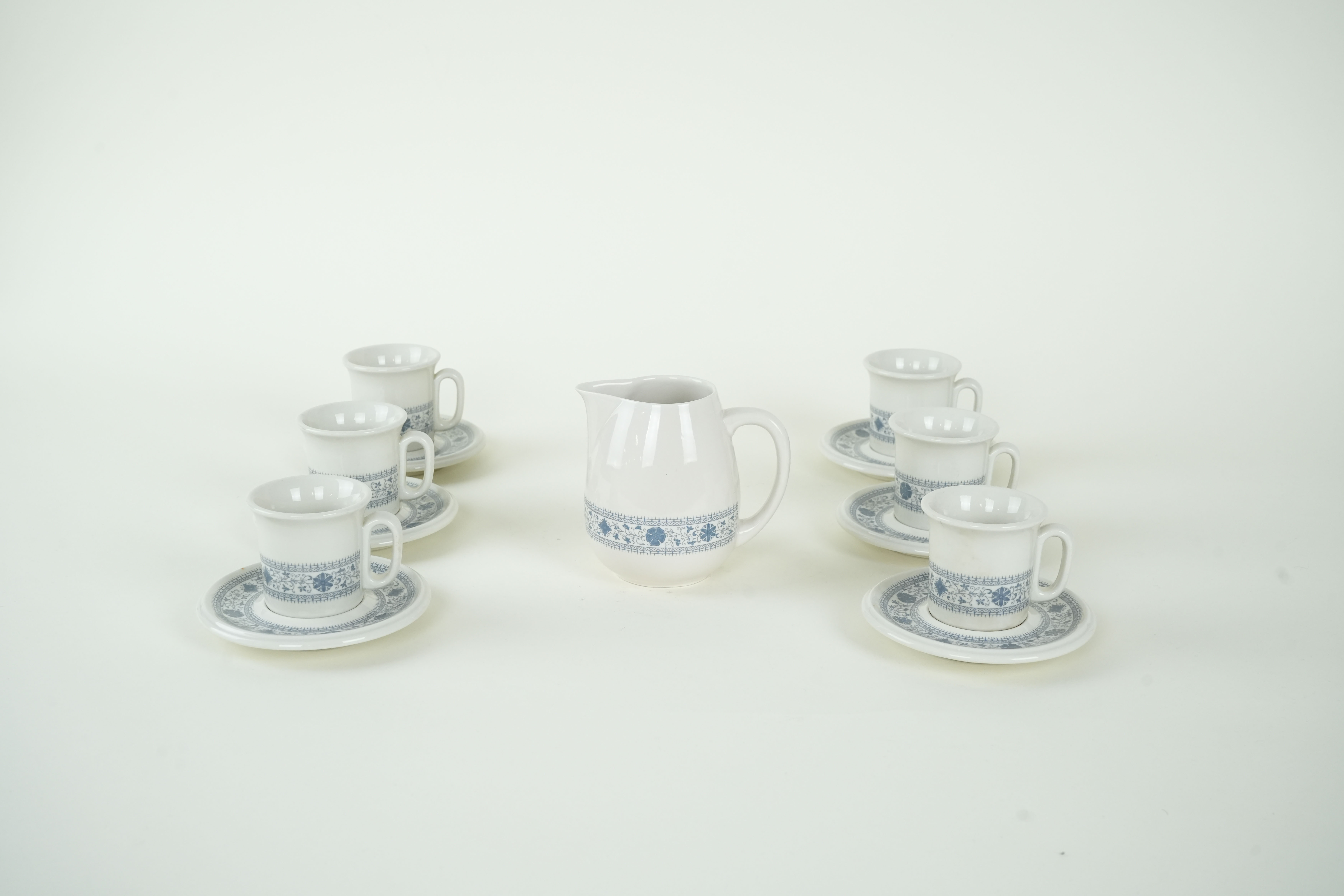 Vintage Tea Set of 13 Porcelain Ivory Blue 1970s