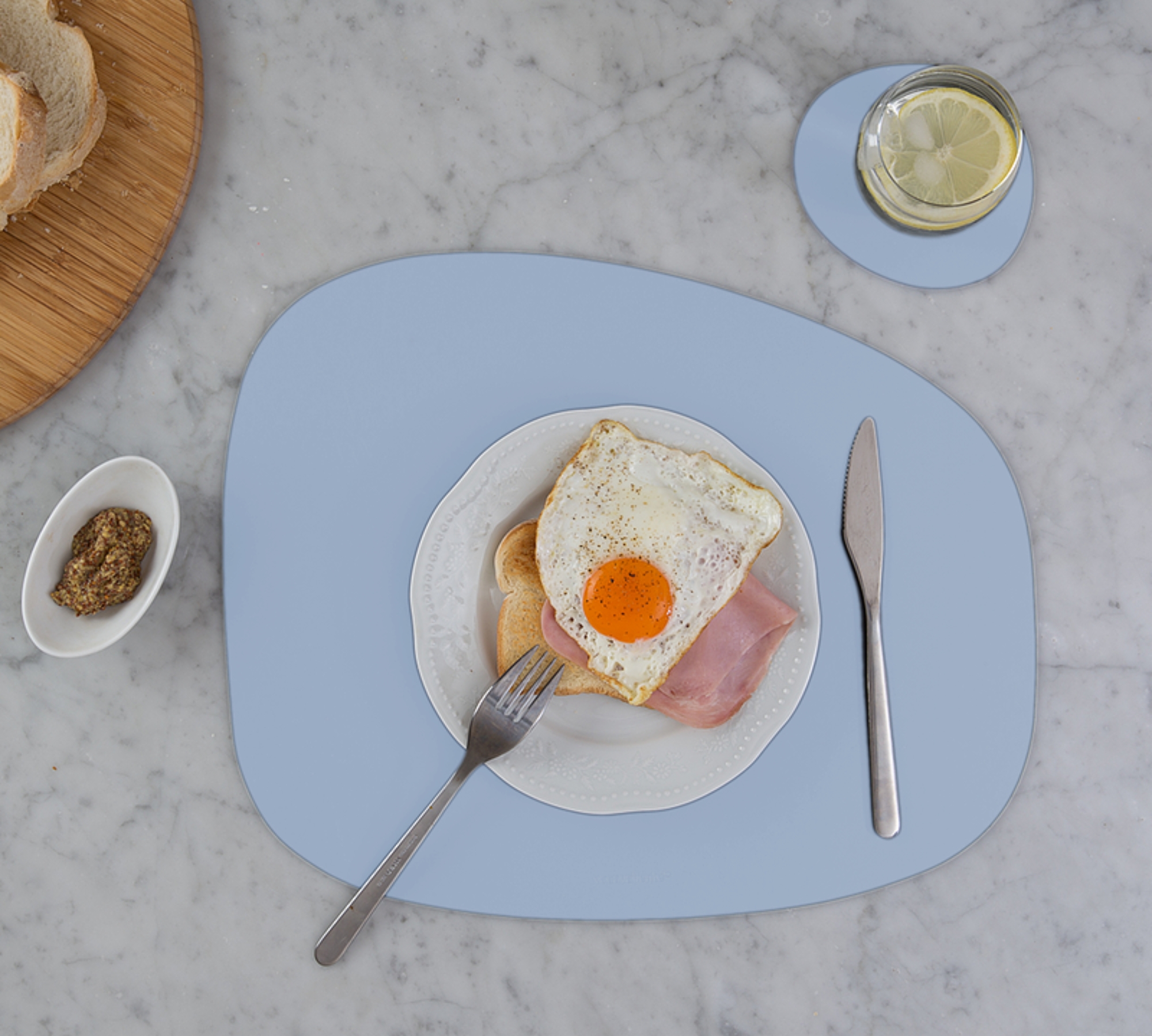 Stone placemat + 4x Coasters Recycled Leather Light Blue