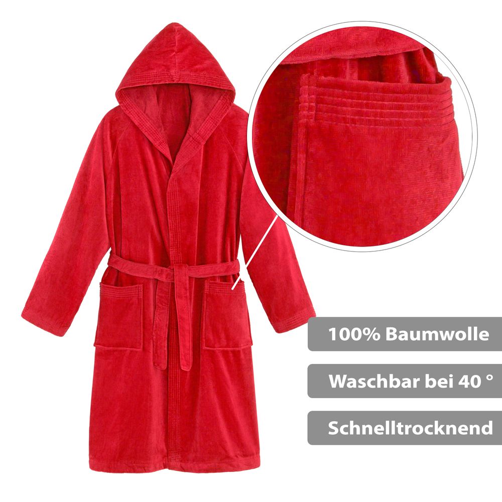 Unisex Bademantel Baumwolle mit Kapuze Rot Large