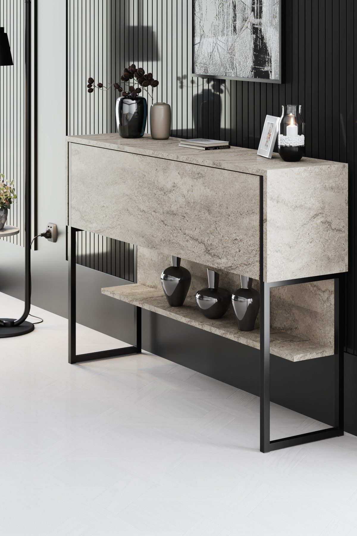 Luxe Sideboard Holz Travertine Schwarz