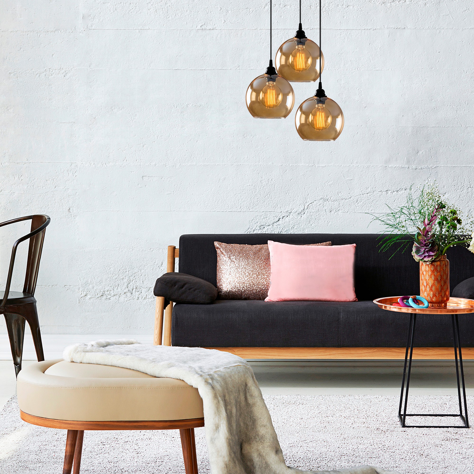 Hanging lamp 3 elements metal black gold