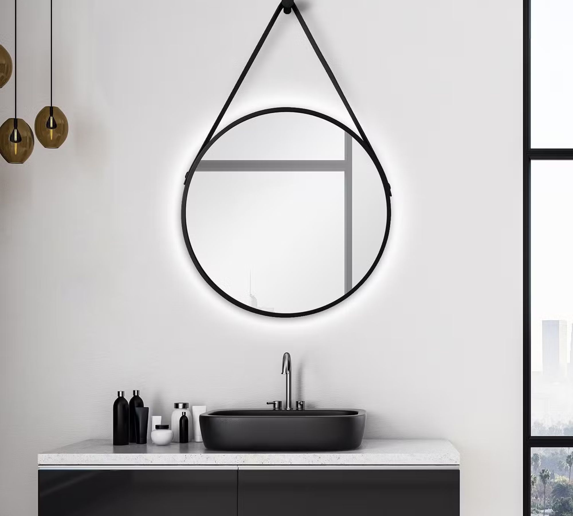 Mirror with lighting aluminum faux leather black