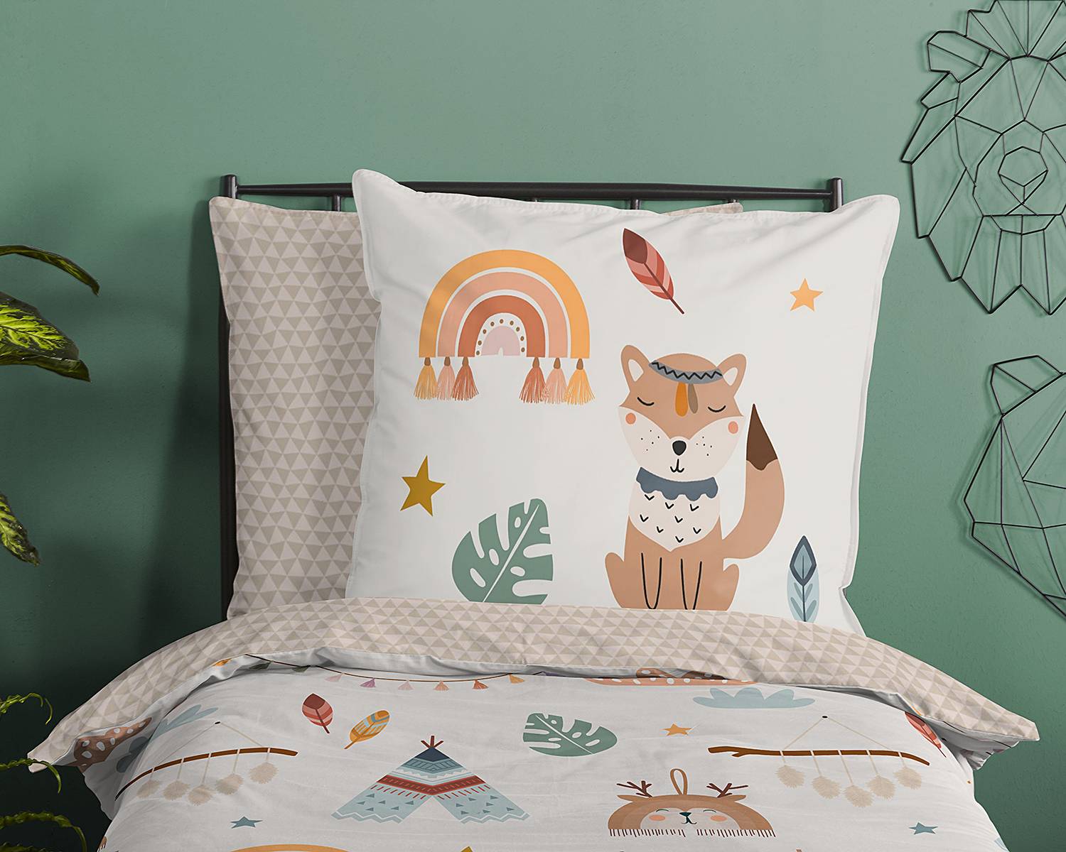 Kinderbettwäsche Eule und Fuchs Baumwolle Mehrfarbig