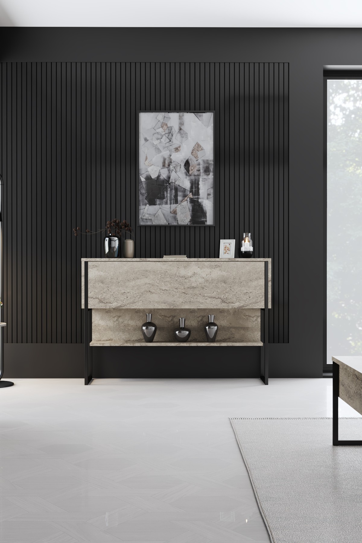 Luxe Sideboard Holz Travertine Schwarz