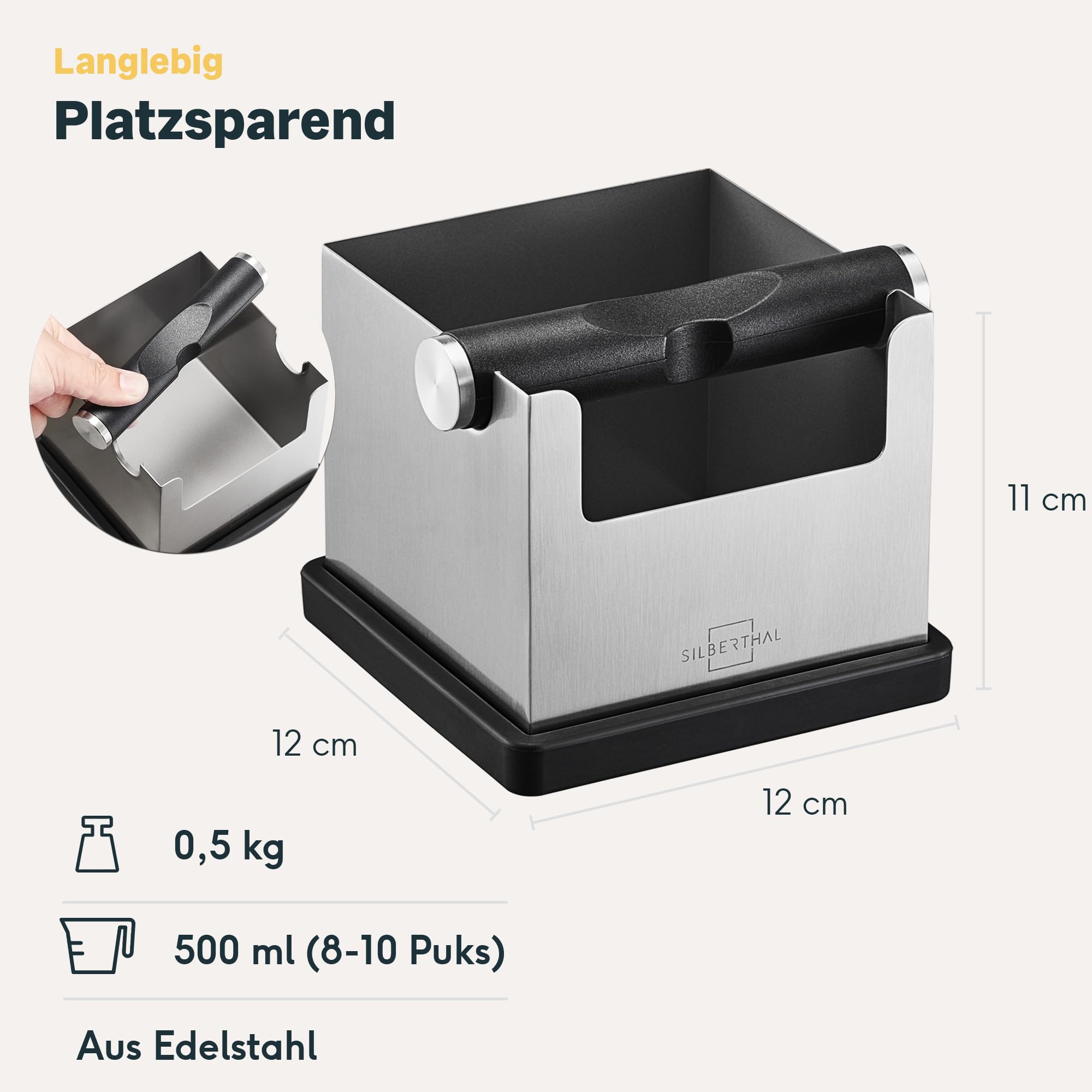 Abklopfbehälter für Siebträger Edelstahl Silber