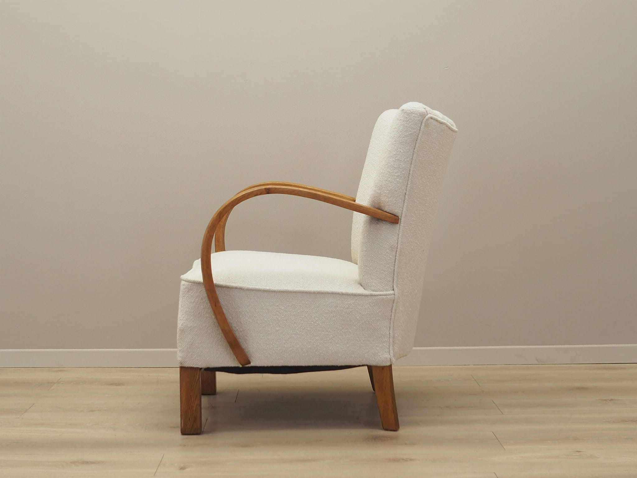 Vintage armchair oak wood textile cream 1950s