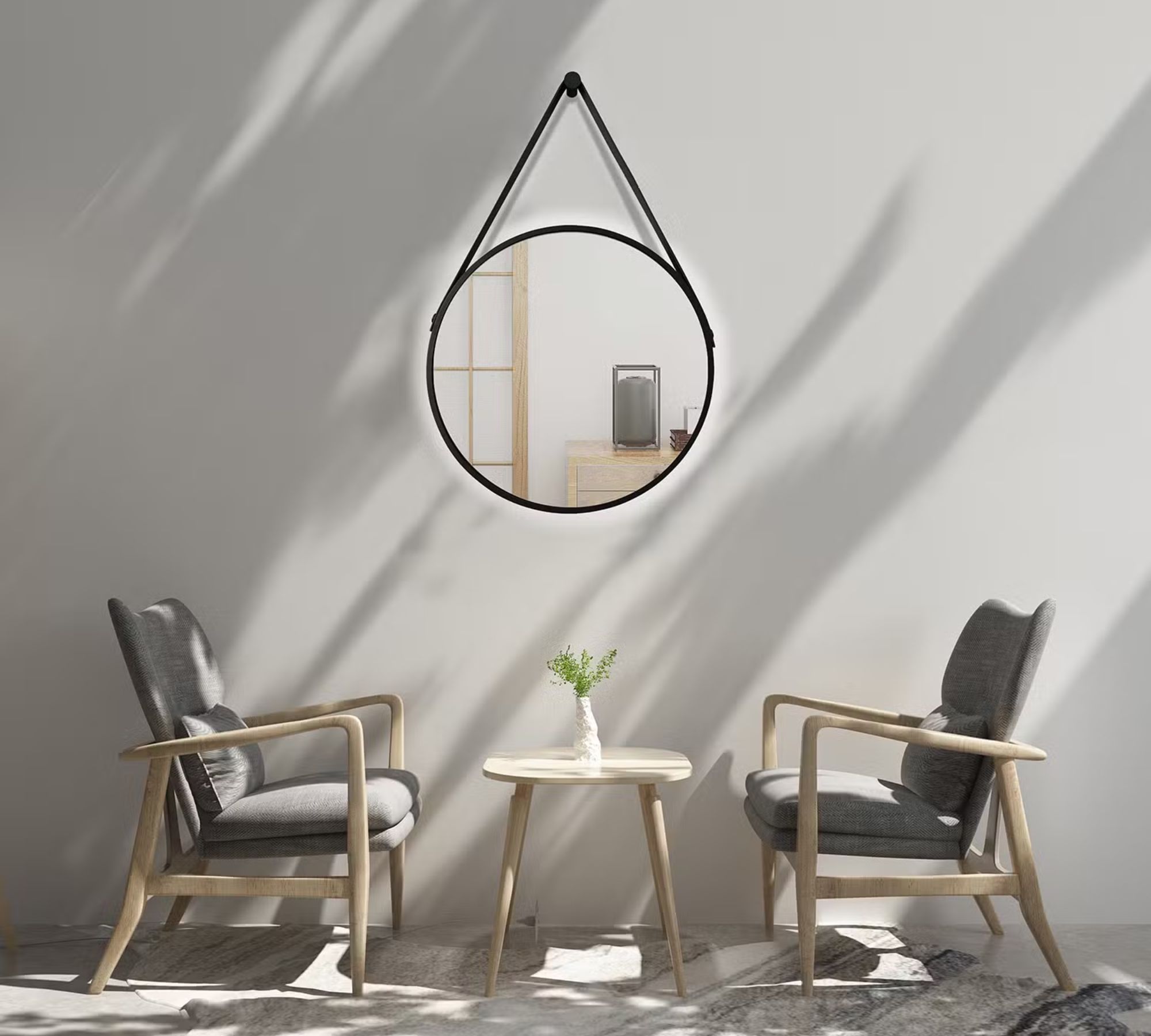 Mirror with lighting aluminum faux leather black