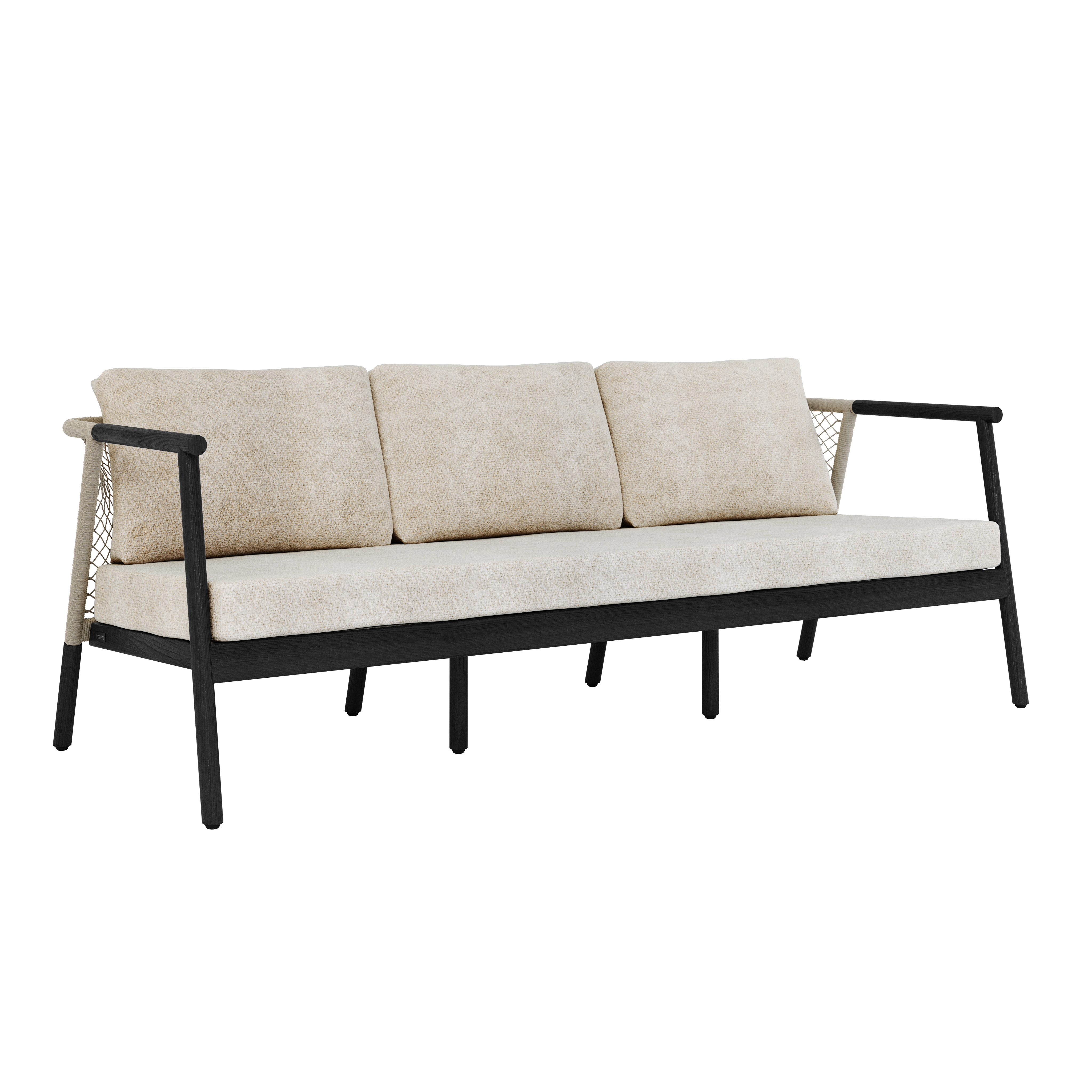 NERO Sofa 3-Sitzer Teakholz Schwarz Sand Kissen O_Corsica