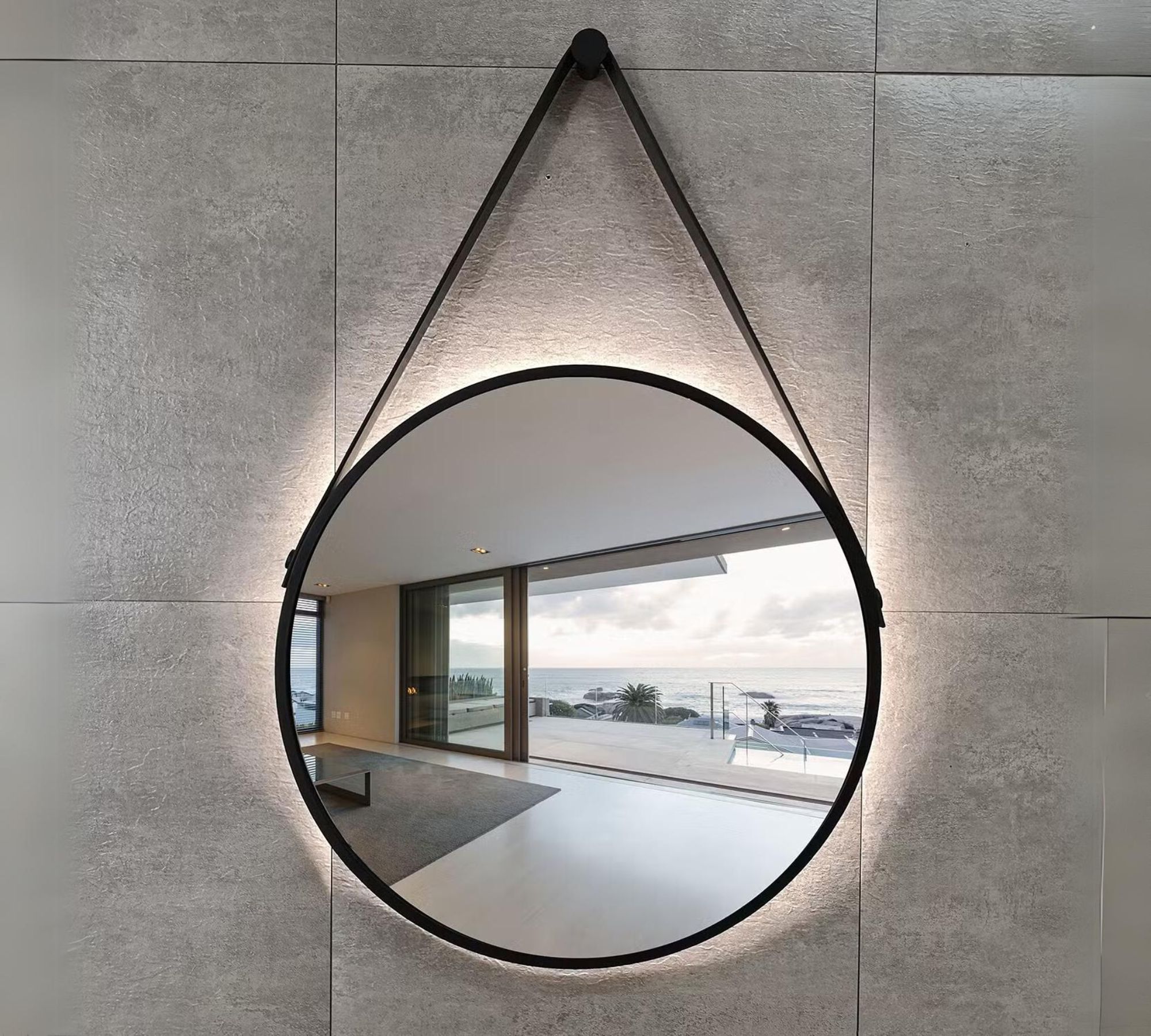 Mirror with lighting aluminum faux leather black