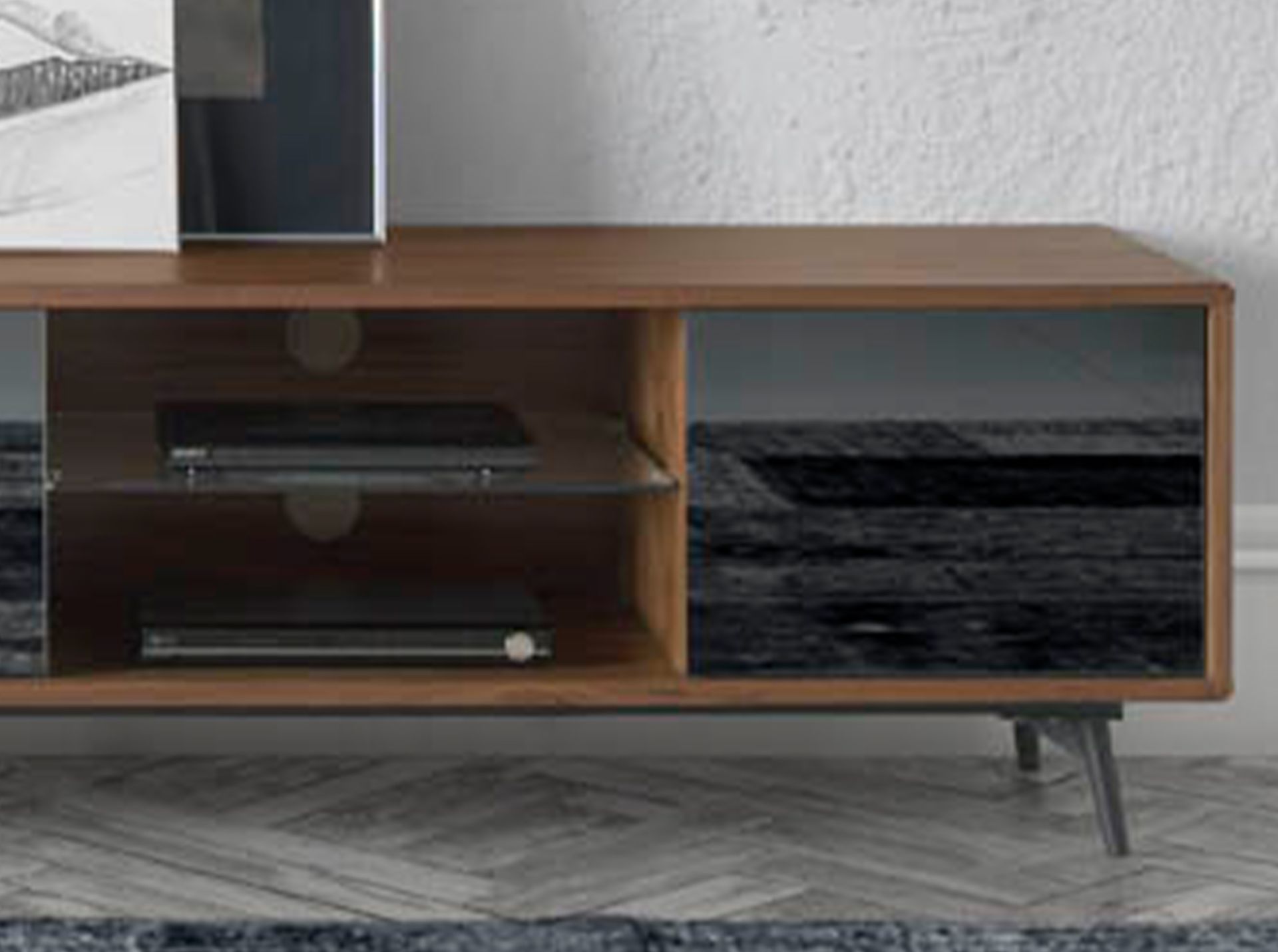 Lowboard Walnut wood Glass Steel Black