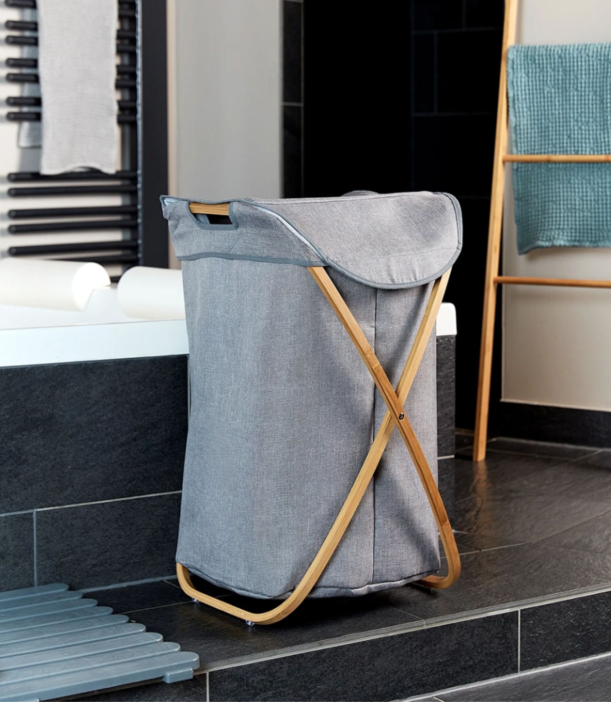 Wäschekorb Bambus Textil Grau