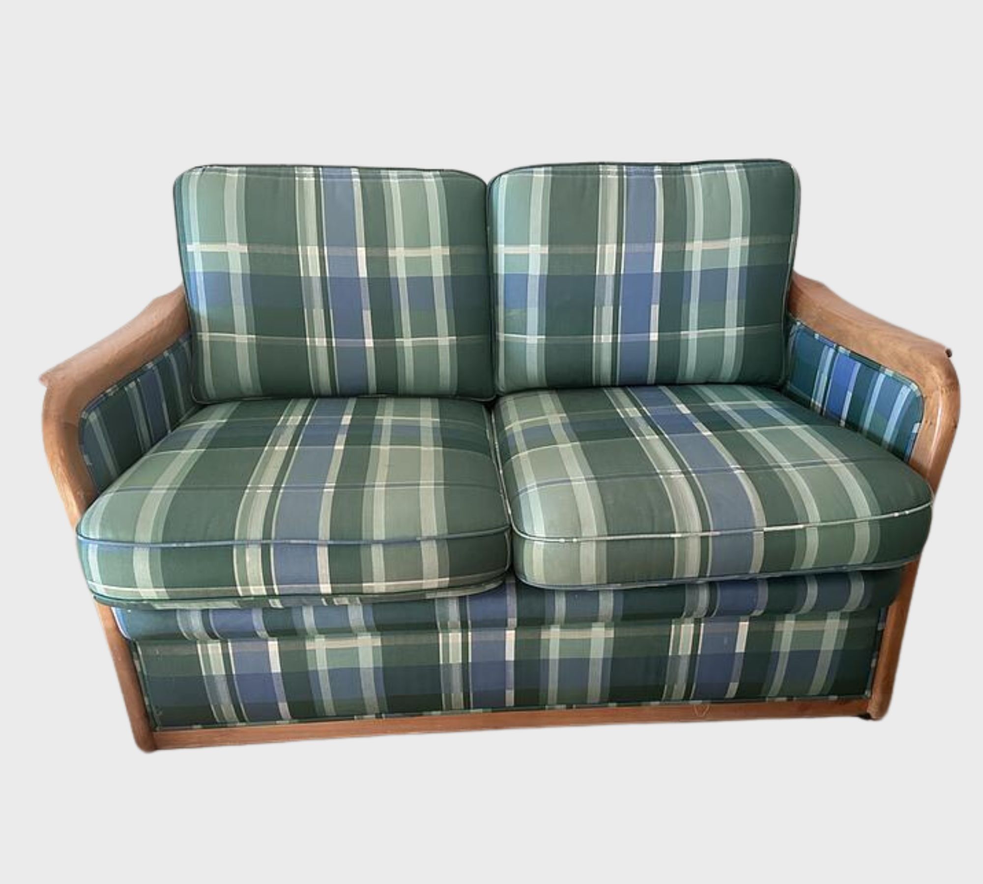 2x Vintage Sofa 2-Sitzer & Couchtisch Olivenholz Kariert