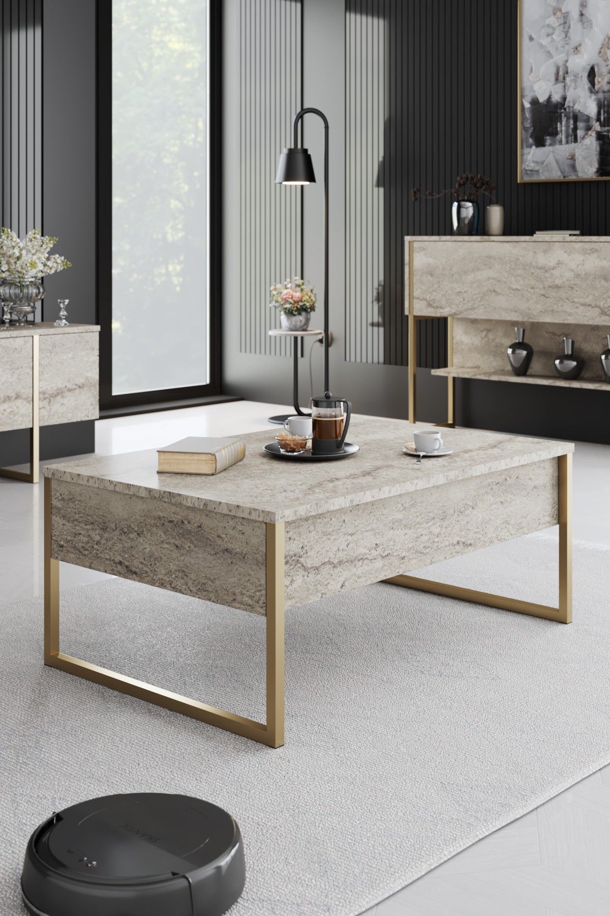 Luxe Couchtisch Holz Travertine Gold