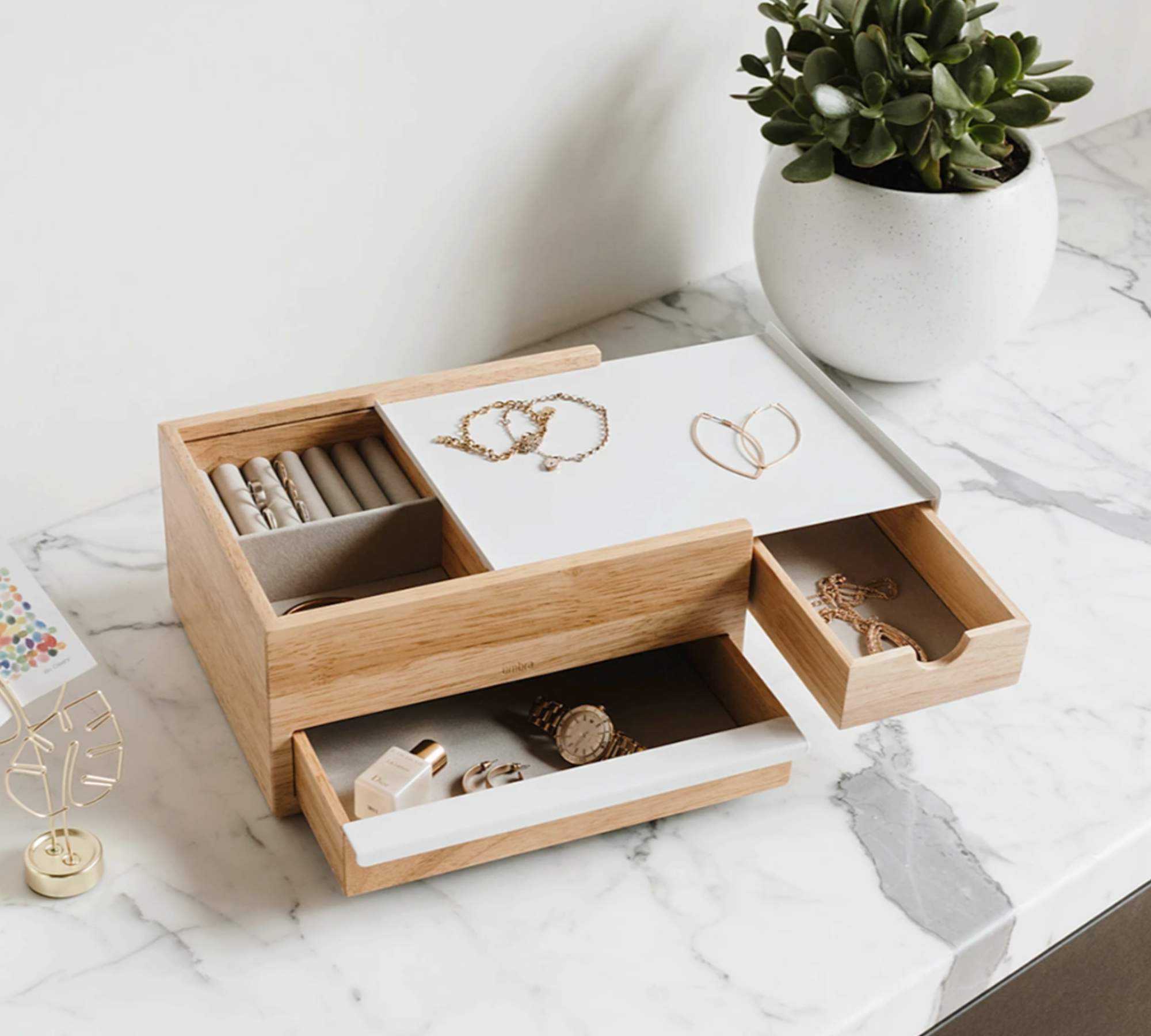 Schmuckkasten Gummibaumholz Stahl Beige Weiß