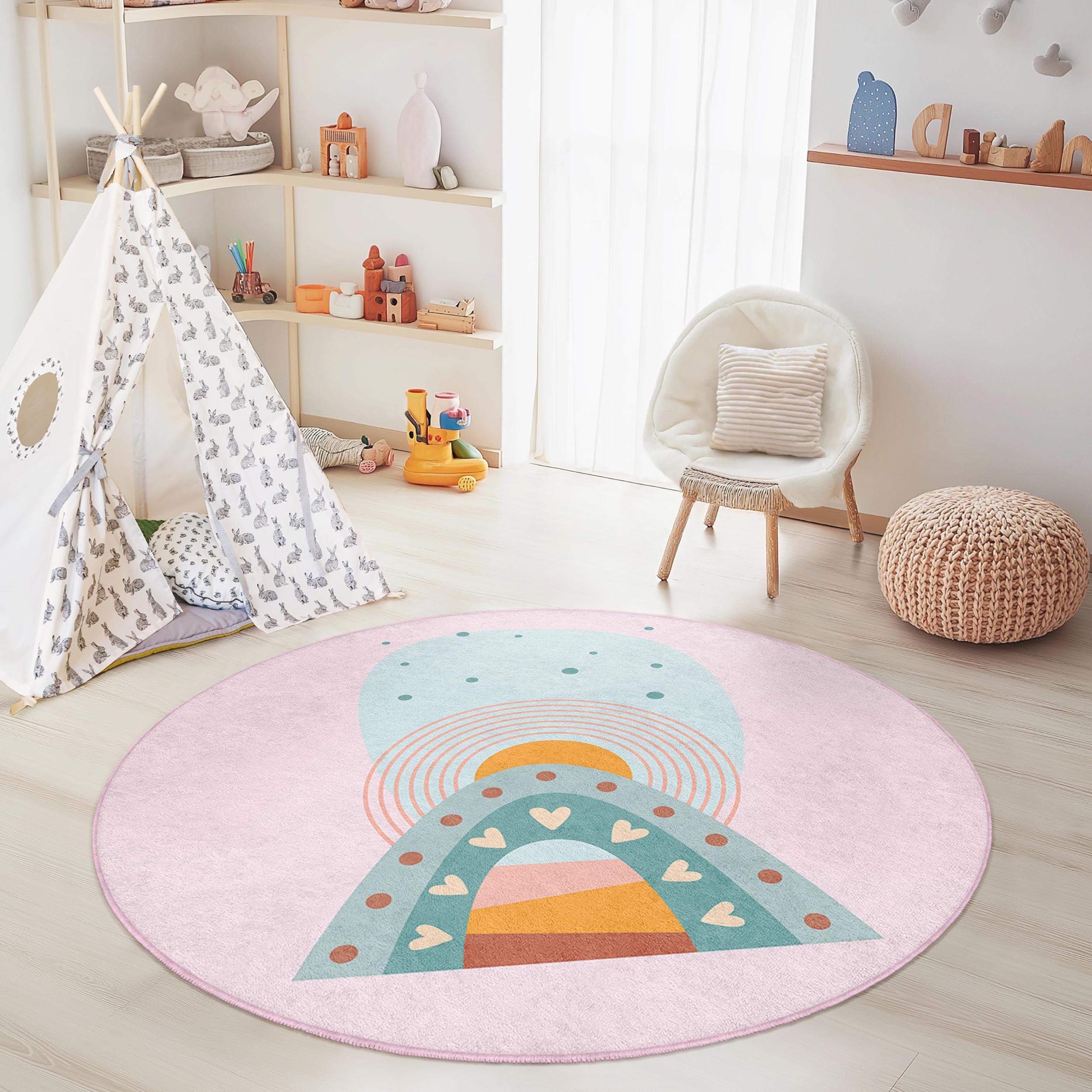 Regenbogen-Herz-Kreis Kinderteppich Mehrfarbig Ø150cm